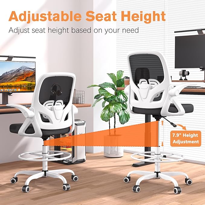 Tall Drafting Chair with Lumbar Support and Footrest Ring, Supportive Tall Extended Height Ergonomic Desk Chair for Home Work, Breathable Mesh Office Chair with Flip up Arms(White)
