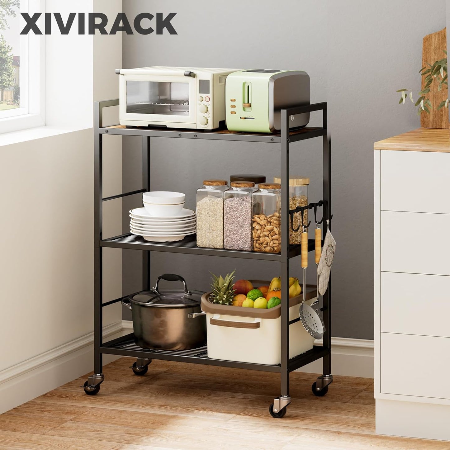 3-Tier Metal Storage Rack with Industrial Wheels,Mesh Shelving Unit with Wooden Table top,Adjustable Shelf,23.6-Inch Width,for Kitchen,Laundry,Pantry,Plant,Black
