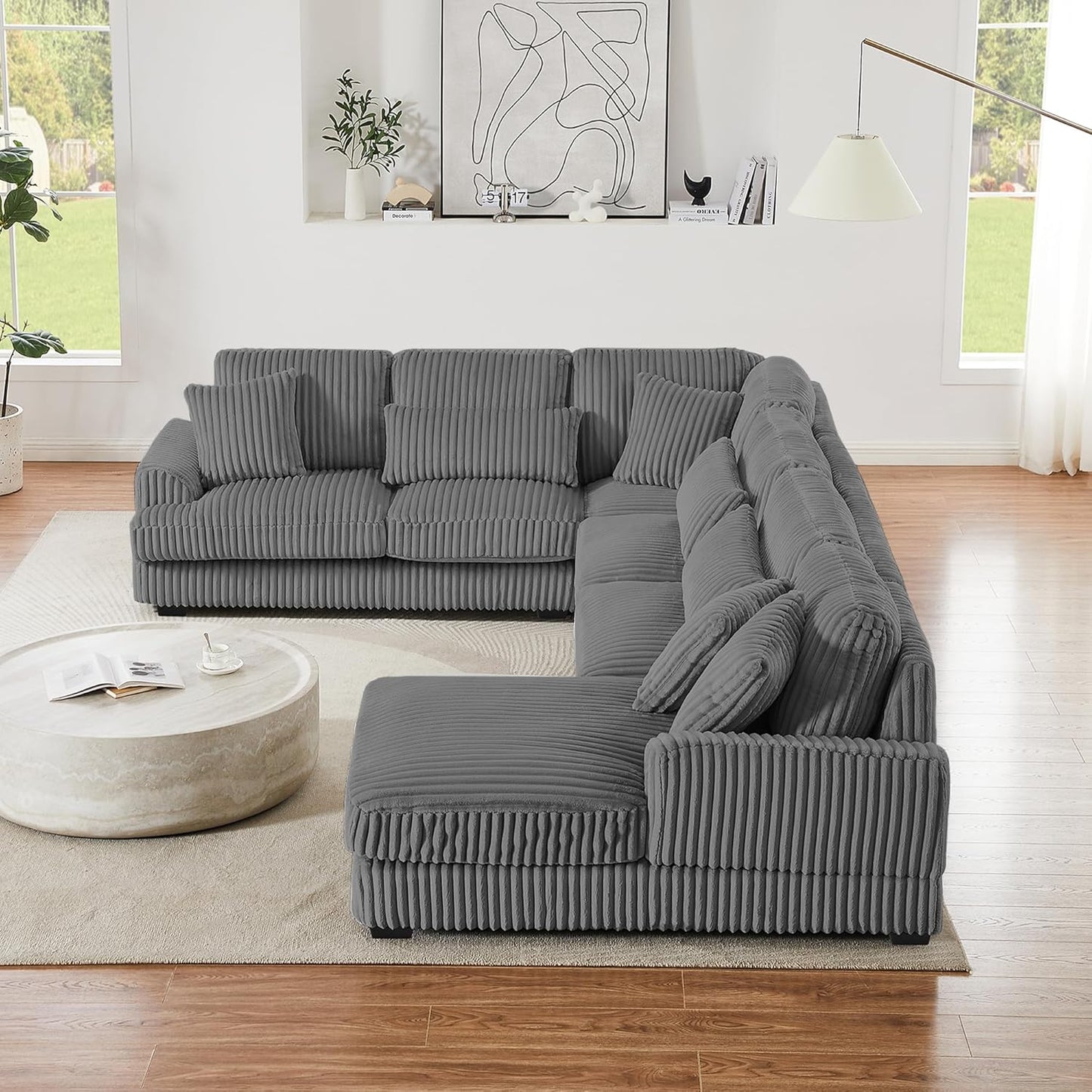 129" Oversized U Shaped Modular Sectional Sofa Couch for Living Room 7 Seater Plush Corduroy Upholstered Large Sofa Deep Seat Cloud Couch with Extra Wide Chaise Lounge and Detachable Thick Cushions