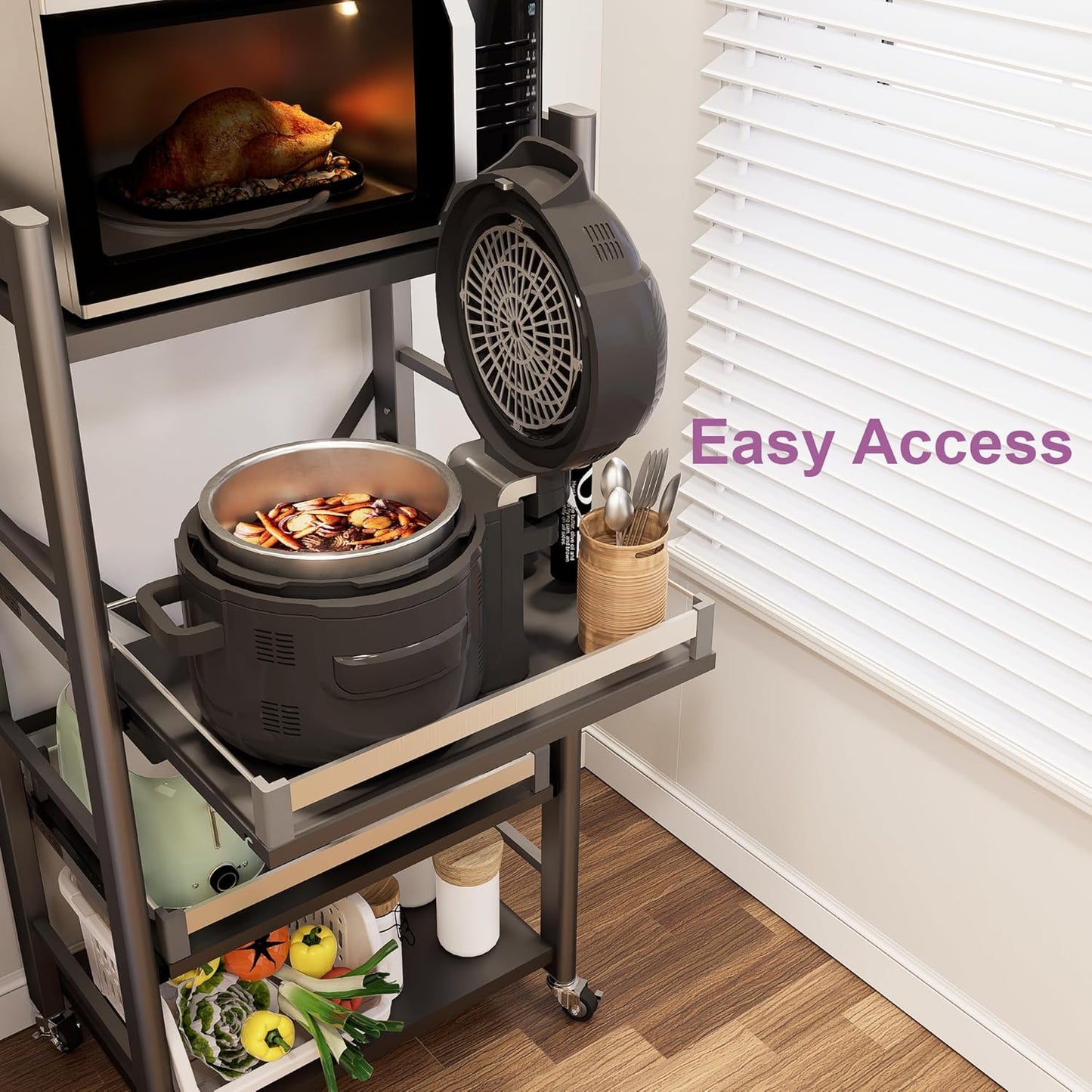 4-Tier Pull Out Kitchen Baker's Rack with Wheels, Heavy Duty Metal Microwave Stand with Storage, Adjustable Ktichen Shelves Freestanding, Rolling Utility Storage Cart (23.6''W x 49.2''H)