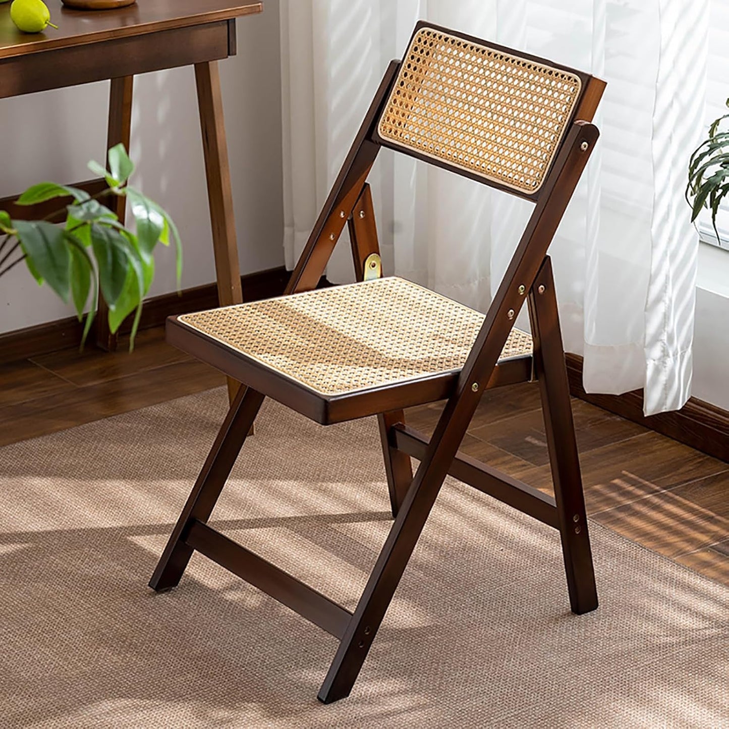 KISKIS Wooden Rattan Folding Chairs Portable Save Space Kitchen Dining Chair for Balcony Living Room, with Mesh Elastic Seat and Curved Back, 400LBS,2 Pack