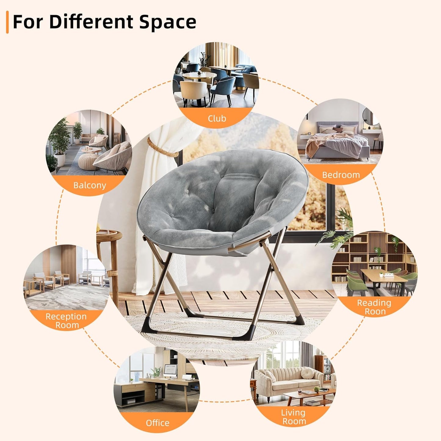 Comfy Saucer Chairs, Gray Folding Reading Lounge Chair, Cozy Faux Fur Living Room Chair with Soft Thick Padded Seat & Metal Frame, Modern Style Bedroom Home for Kids Adults, X-Large, Gold Legs