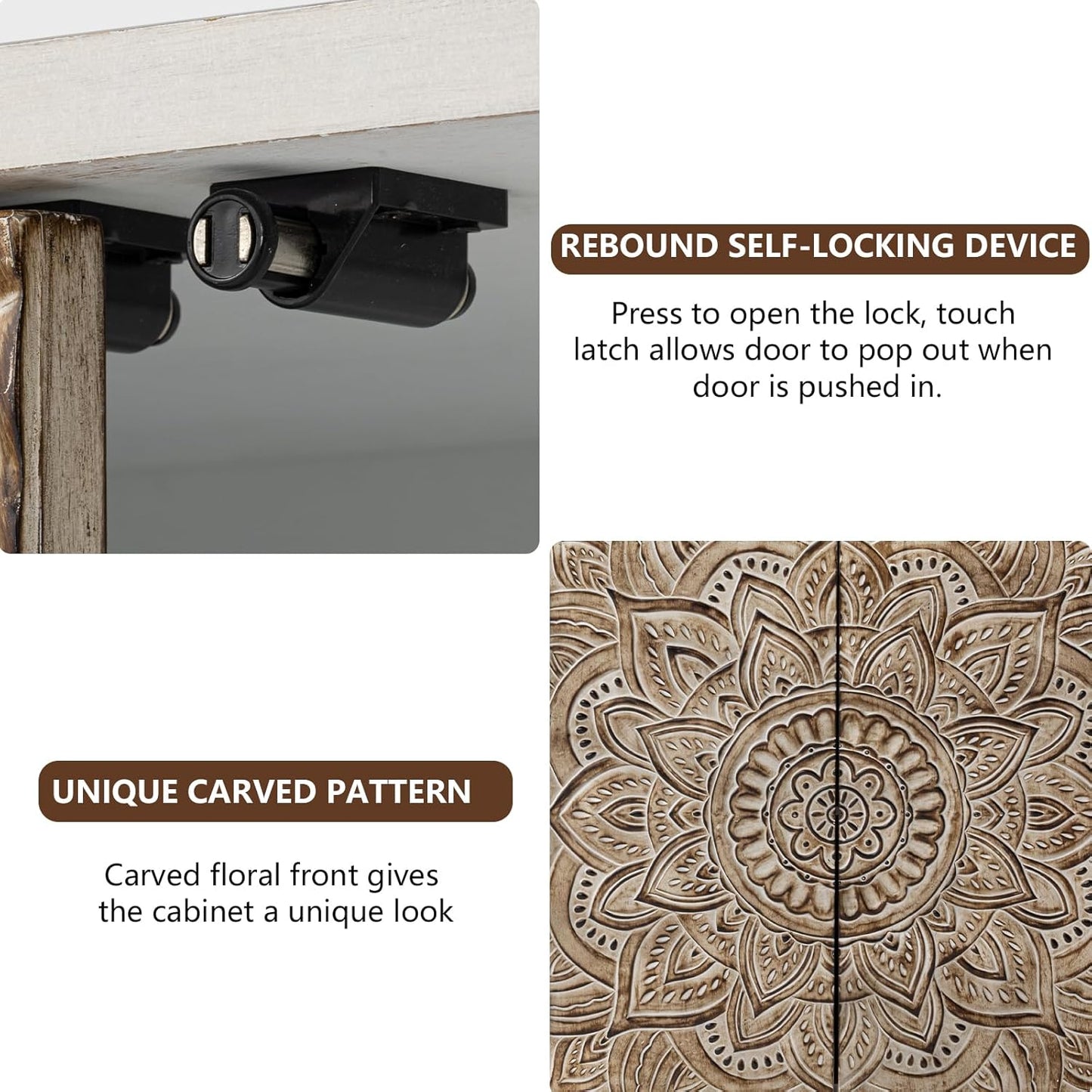 COSIEST Set of 3 32" Accent Storage Cabinets, Vintage Lotus Pattern Sideboards with Push-to-Open Doors, Carved Wood Buffet Table for Entryway, Kitchen, Living Room, Gray