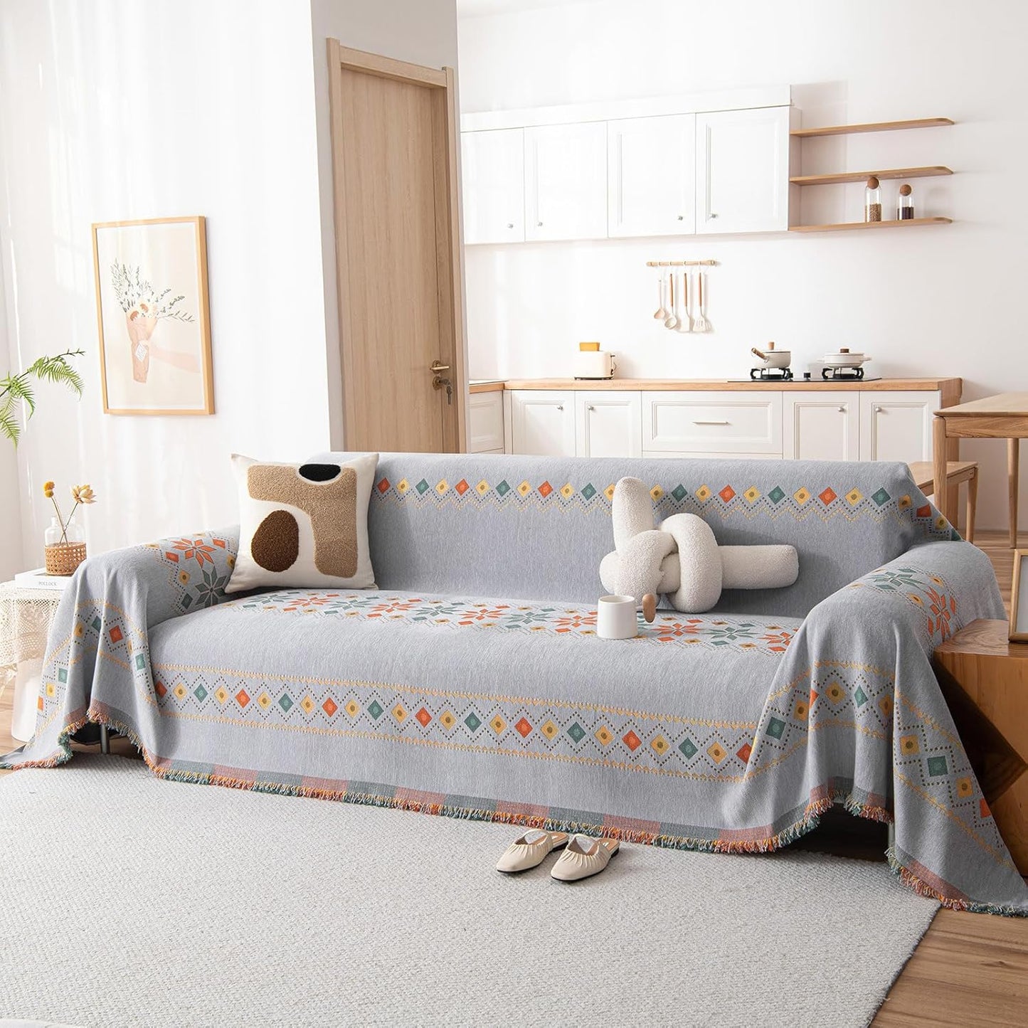 STACYPIK Boho Gray Jacquard Couch Cover, Sofa Cover for Dogs Washable, Non Slip Couch Cover for Sectional, Furniture Protector for 3 Cushion Couch, Multi-use Sofa Slipcover Pet-Friendly-71X150IN