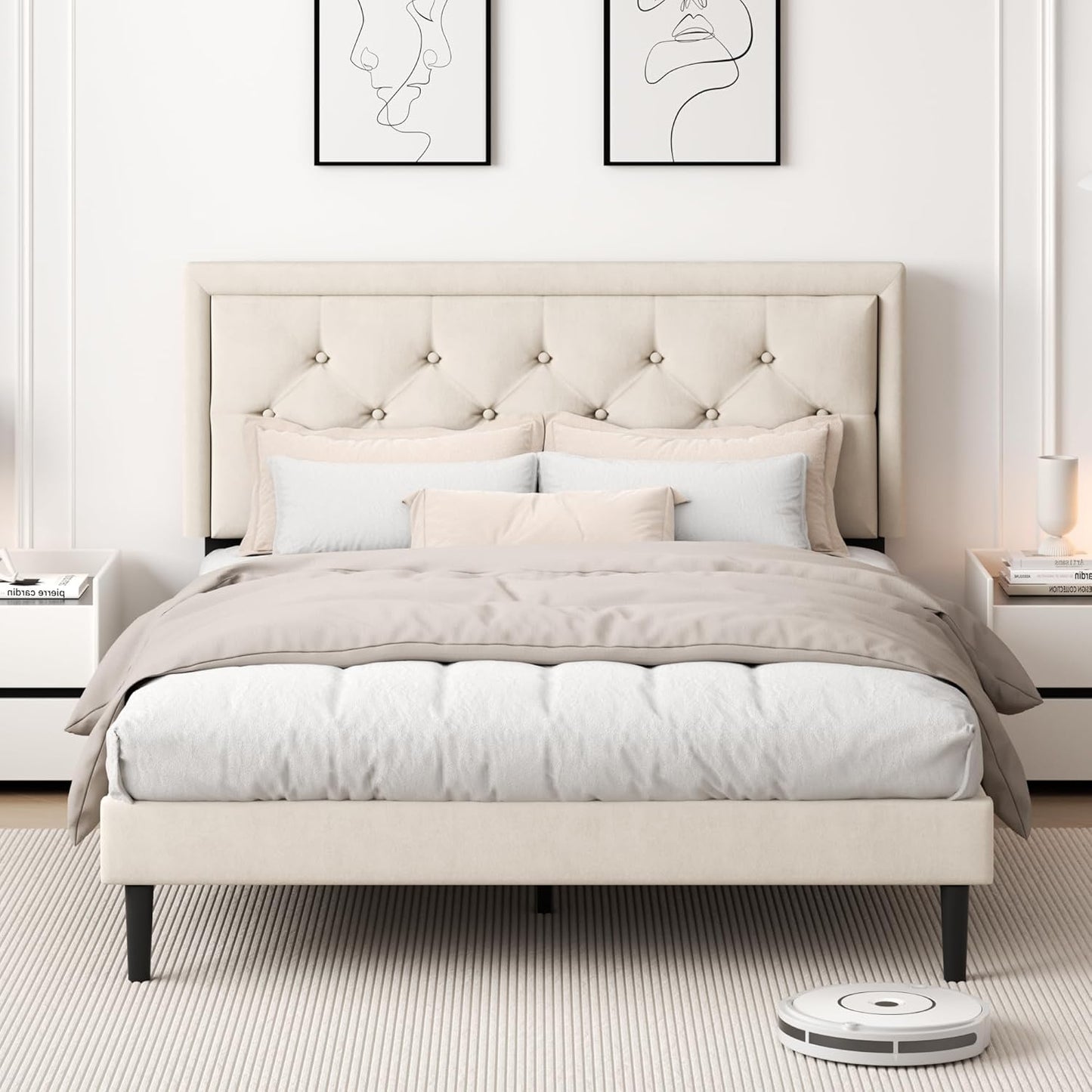 Full Size Platform Bed Frame with Upholstered Velvet Button Tufted Headboard, Mattress Foundation with Wooden Slat Support, No Box Spring Needed, Easy Assembly, Noise Free, Beige