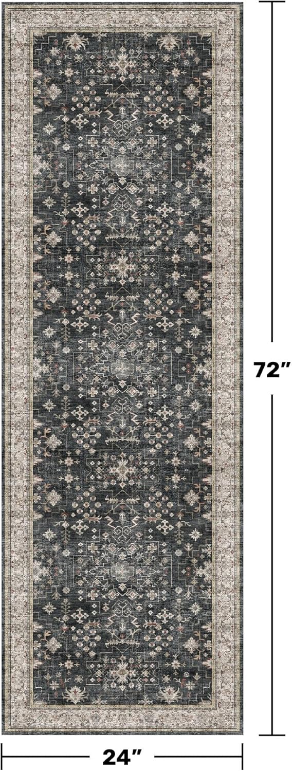 Black Boho Washable 2x6 Runner Rugs for Hallway Kitchen Bedroom Beside Laundry Room Bathroom Rug, Pet & Kids Friendly, Non Slip Low Pile Stain Resistant Soft Faux Wool Long 24 x 72 Floor Carpet