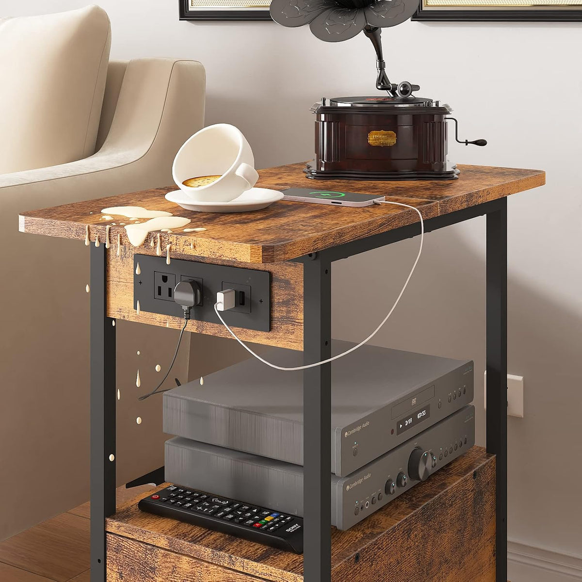LIDYUK End Table with Charging Station, Narrow Side Table with Drawer and USB Ports & Power Outlets, Nightstand Bedside Tables for Small Spaces, Bedroom, Living Room, Rustic Brown