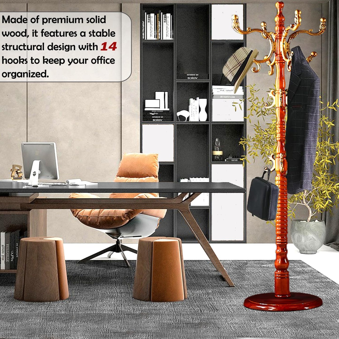 Coat Racks Free Standing with 14 Hooks, Natural Wood Coat Stands for Entryway, Adjustable Height 73 in Tree Coat Rack Stand for Hallway Home Office Bedroom (Begonia)