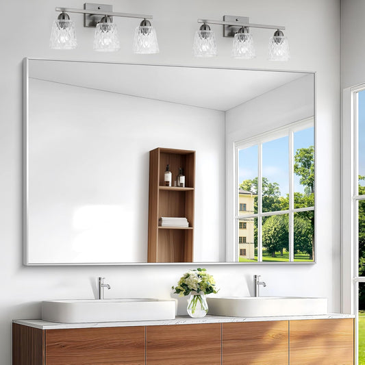 BONEWEI Silver Bathroom Mirror,60x40 inch Wall Mirror for Bathroom Wall Mounted,Large Rectangle Mirror for Bathroom Over Sink,Modern Metal Frame for Living Room,Bedroom Entryway,Horizontal/Vertical