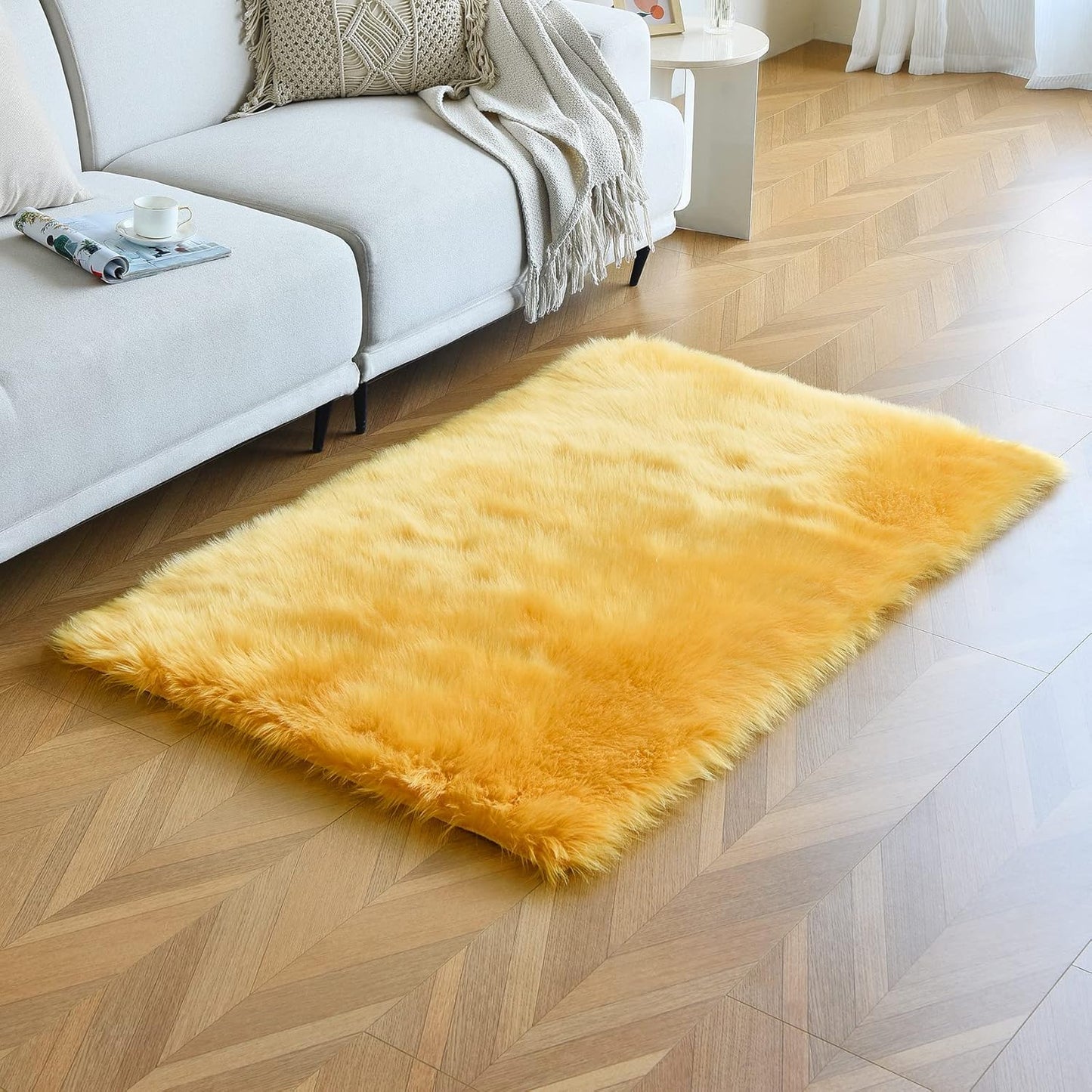 duduta Yellow Faux Sheepskin Fur Rug 3x5 ft, Fluffy Shag Bedroom Dorm Nursery Playroom Carpet Rug Non Slip Washable