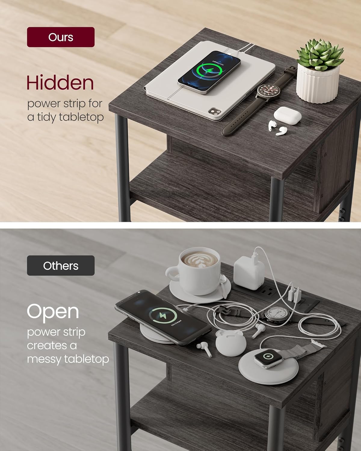 VASAGLE Side Table with Charging Station, 3-Tier End Table with USB Ports and Outlets, Nightstand for Living Room, Bedroom, 11.8 x 13.4 x 22.8 Inches, Plug-in Series, Chestnut Brown and Black