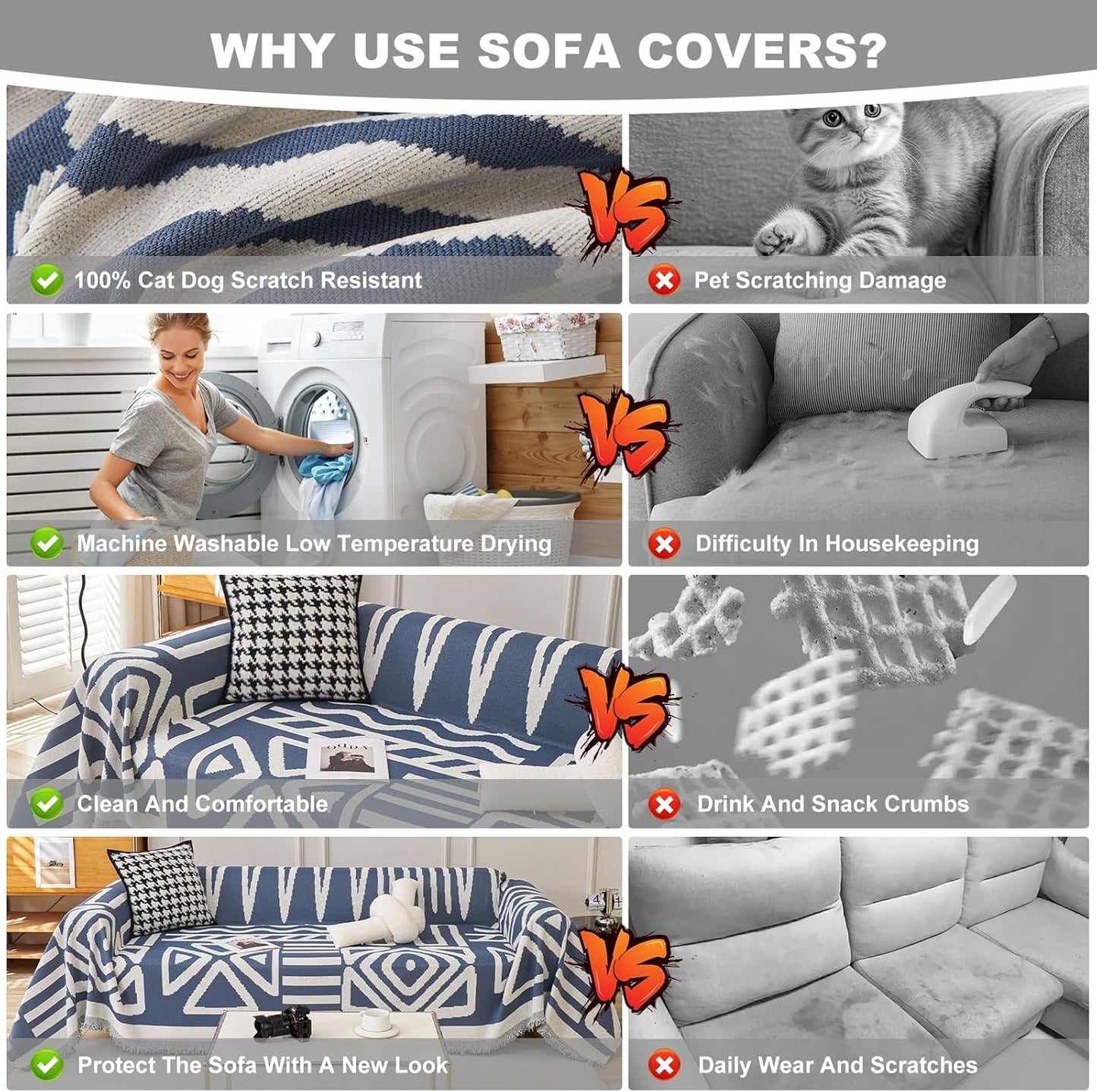 STACYPIK Modern Boho Couch Covers, Non Slip Blue Geometric Sofa Cover for Loveseat, Washable Furniture Protector for 3 Cushion Couch, Anti Slip Reversible Jacquard Couch Throw Covers for Sofa-71X150IN