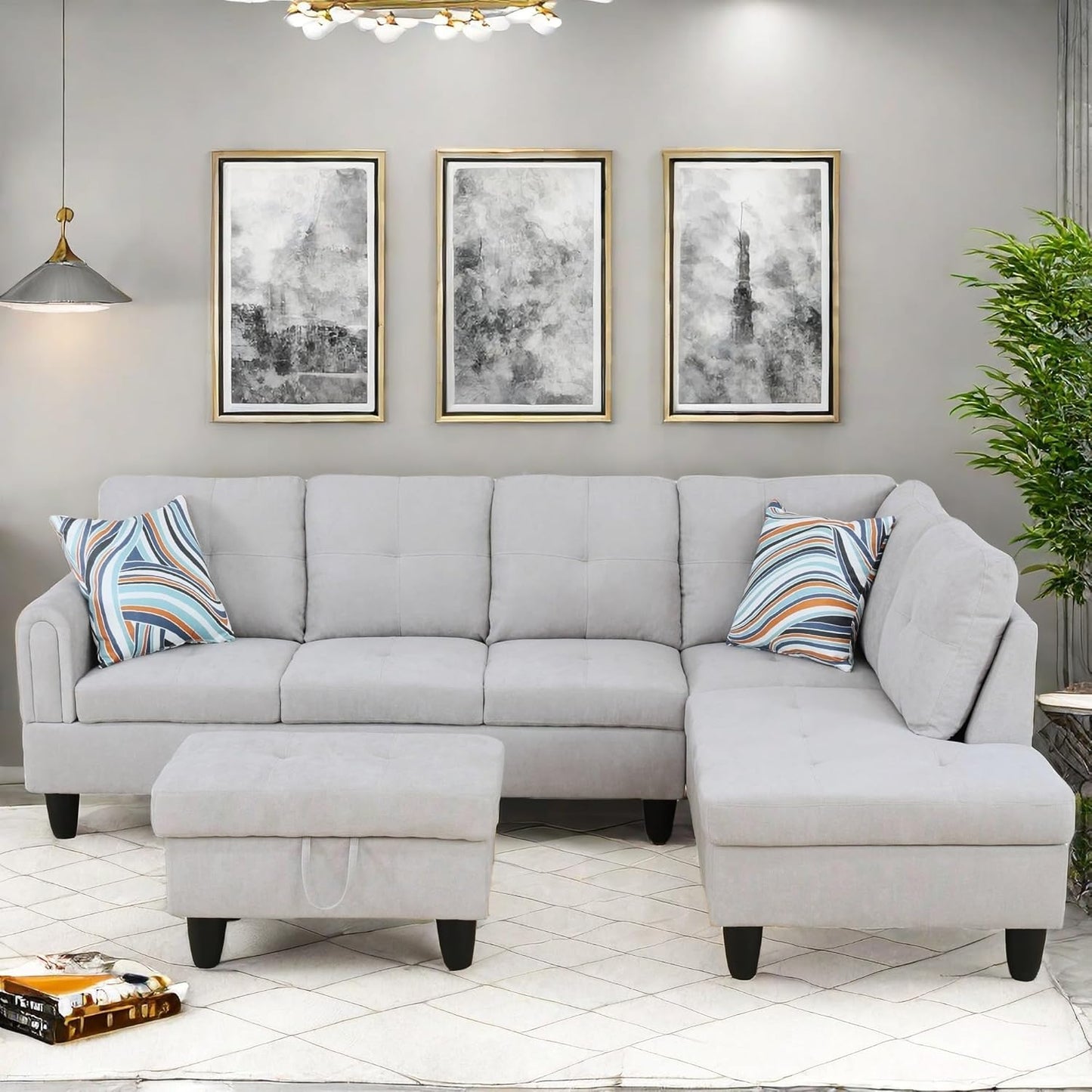 Convertible Sectional Couch, Large L Shaped Couch with Storage, Modern Modular 5-Seat Sectional Sofa with Ottomans for Living Room and Office, Light Grey