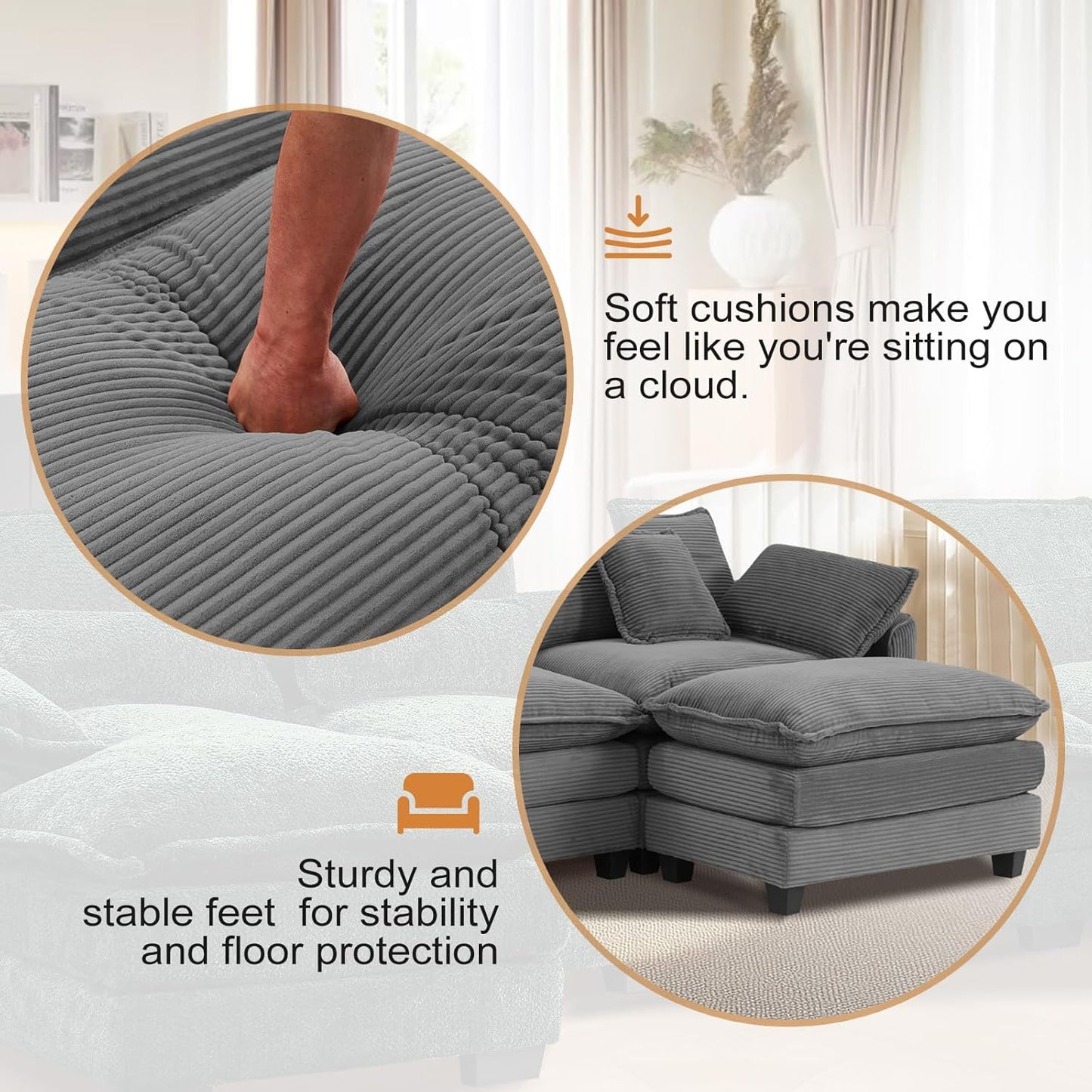 Furniliving Oversized Accent Chair with Ottoman, Luxury Corduroy Single Sofa, Upholstered Deep Seat Chaise Lounge with Pillows for Living Room, Bedroom, Apartment, Grey