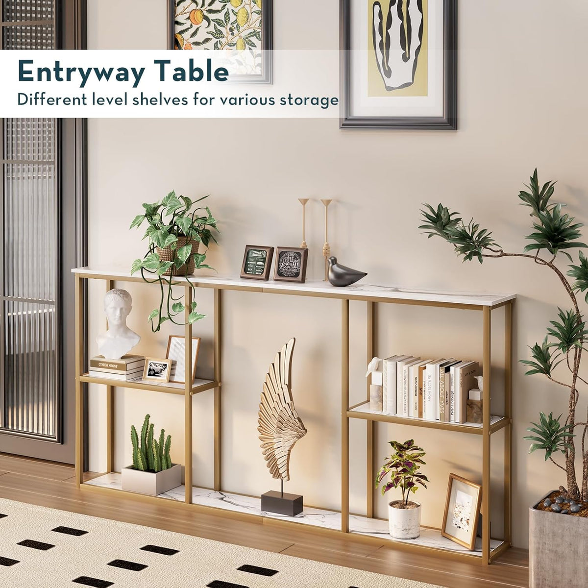 WOHOMO Gold Console Table,3-Tier Small Entryway Table for Hallway, Narrow Sofa Table Behind Couch for Living Room,Entrance(63 inch)