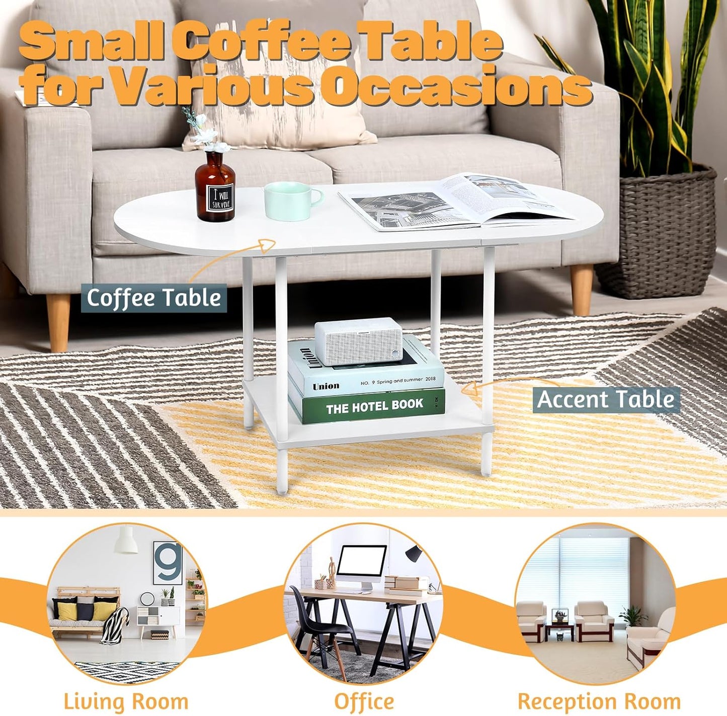 White Coffee Tables for Living Room,2-Tier Small Coffee Table Industrial Modern Oval Center Table with Storage Shelf and Wood Tabletop,for Small Space,Home Office
