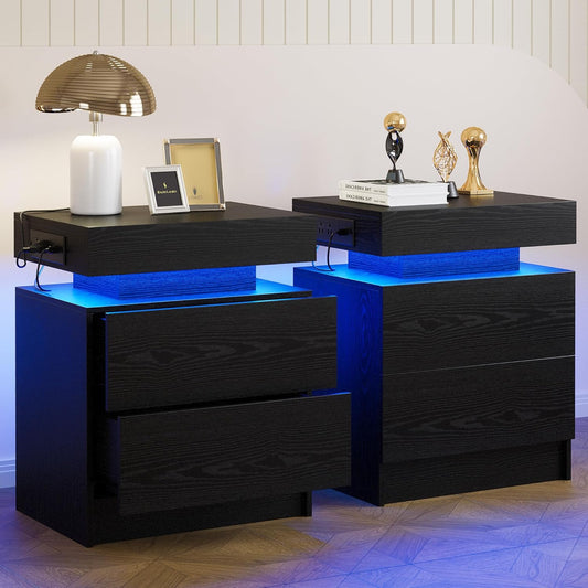 LIKIMIO Night Stand Set of 2, Modern Black Nightstand with with Charging Station, Bedside Tables with LED Light and Drawers, End Table for Bedroom