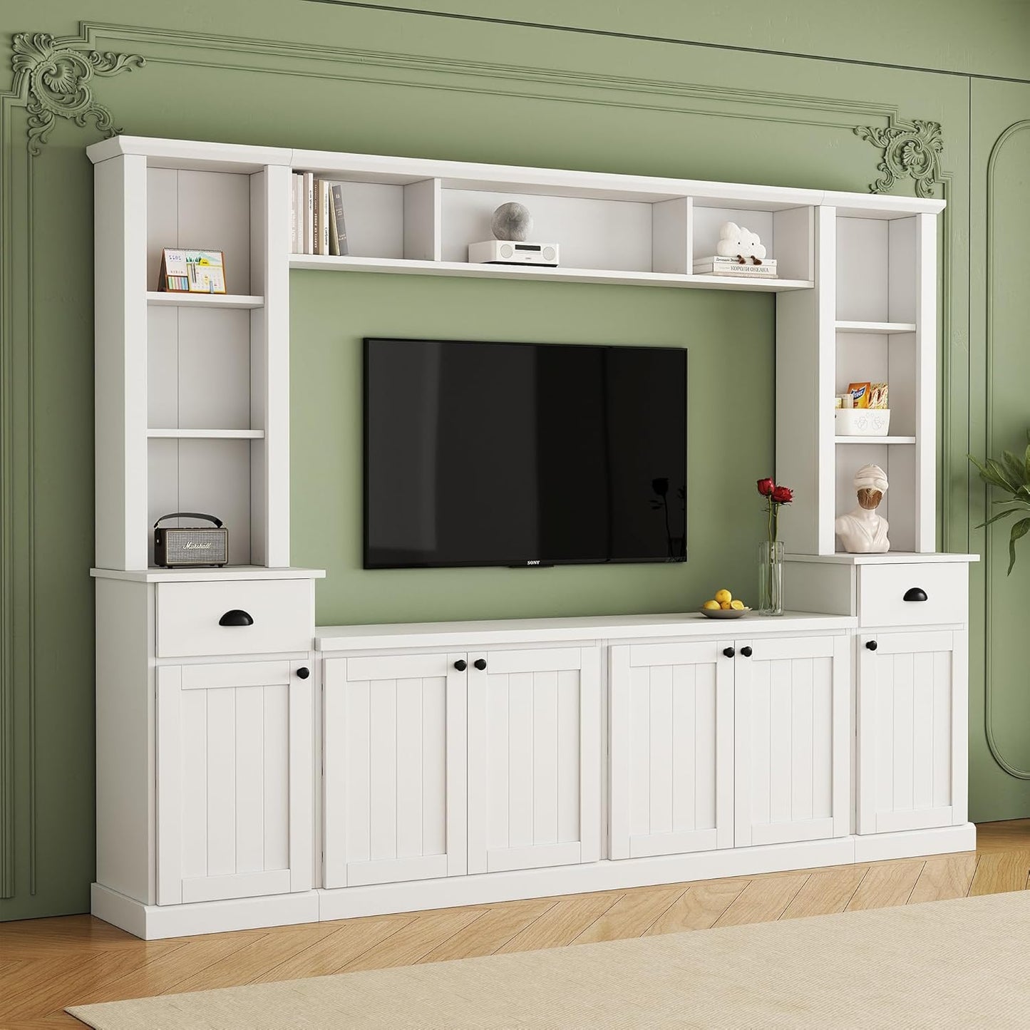Merax Minimalism Entertainment Wall Unit with Bridge, Modern Media Console Table & Adjustable Storage Shelves for Living Room, Large TV Stand for Televisions Up to 75'', White