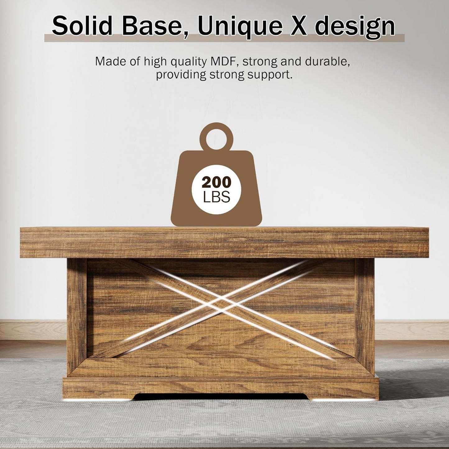 Coffee Table 39 in Rustic Center Table with X-Design Wooden Pedestal for Living Room, Space Saving, Easy Assembly Rectangle Home Office Tea Accent Table for Dining Room Apartment, Walnut