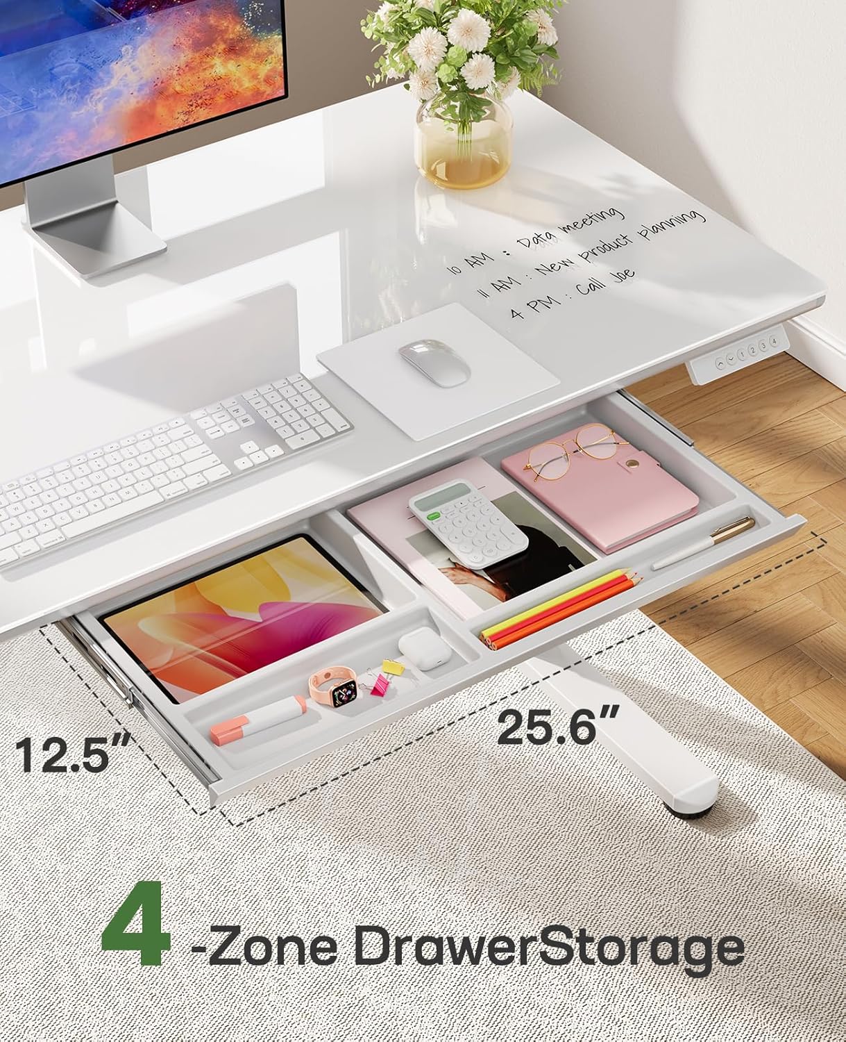 Marsail Glass Standing Desk with Drawer, 55 x 28 Inches Adjustable Desk, Home Office Desks with One-Piece Tempered Glass Top, Ergonomic Home Office Sit Stand Desk with 4 Preset Heights, White