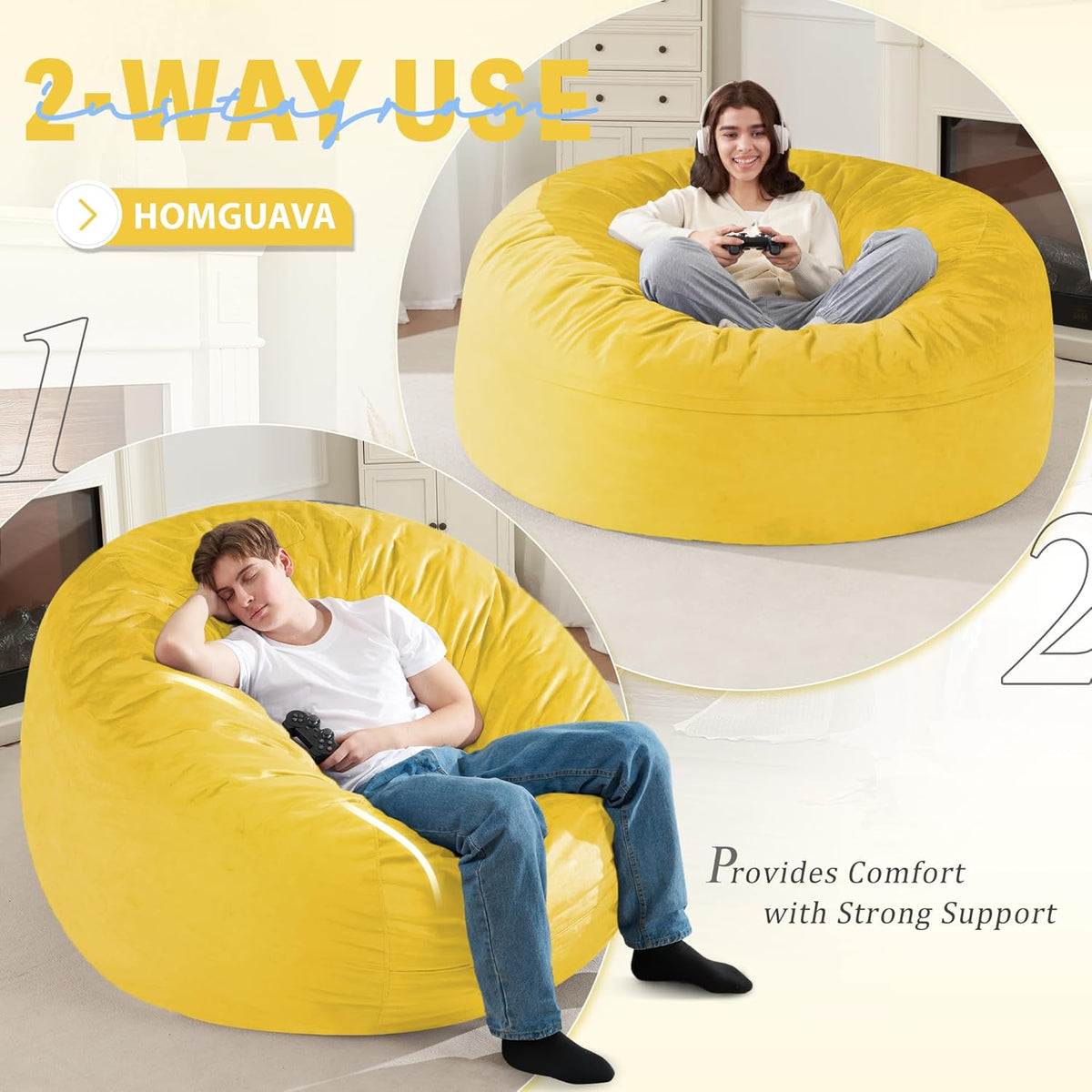 Homguava 5 FT Bean Bag Chair: 5' Bean Bags with Memory Foam Filled, Large Beanbag Chairs Soft Sofa with Dutch Velvet Cover-Mustard