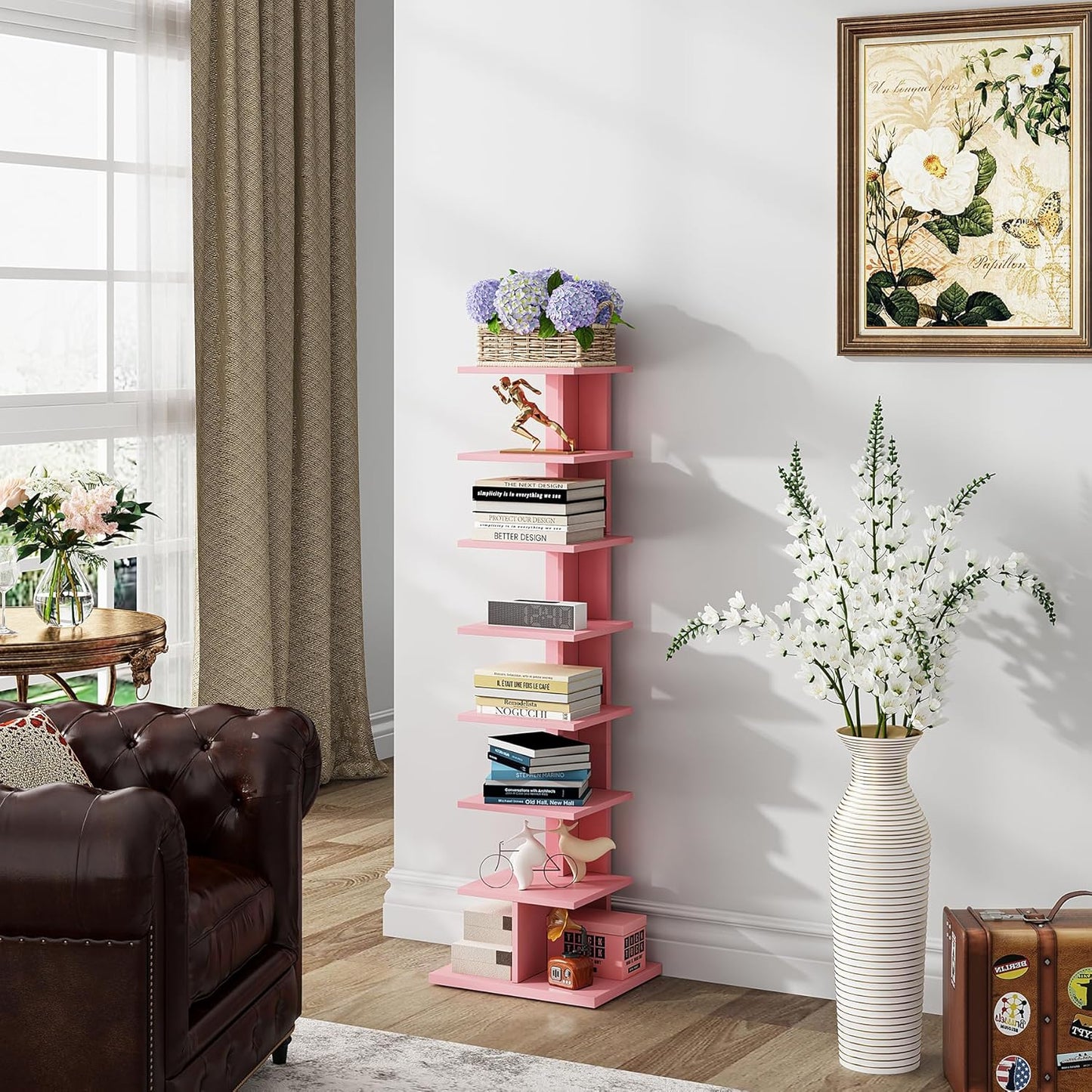 TUTOTAK Bookshelf, 8-Tier Bookcase, Narrow Spine Book Shelf for Small Space, Corner Standing Shelf for Living Room, Office, Study, Entryway, Pink BS06BP008