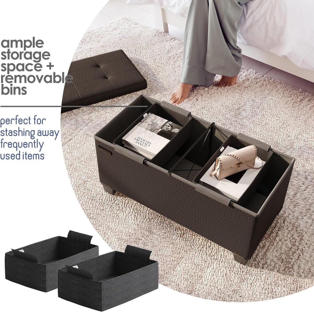 STORAGEBUD Storage Ottoman Bench with Bins, 30-in Storage Bench for Bedroom End of Bed, Folding Foot Rest Ottoman for Living Room Max 660lbs, Faux Leather Ottomans, Brown