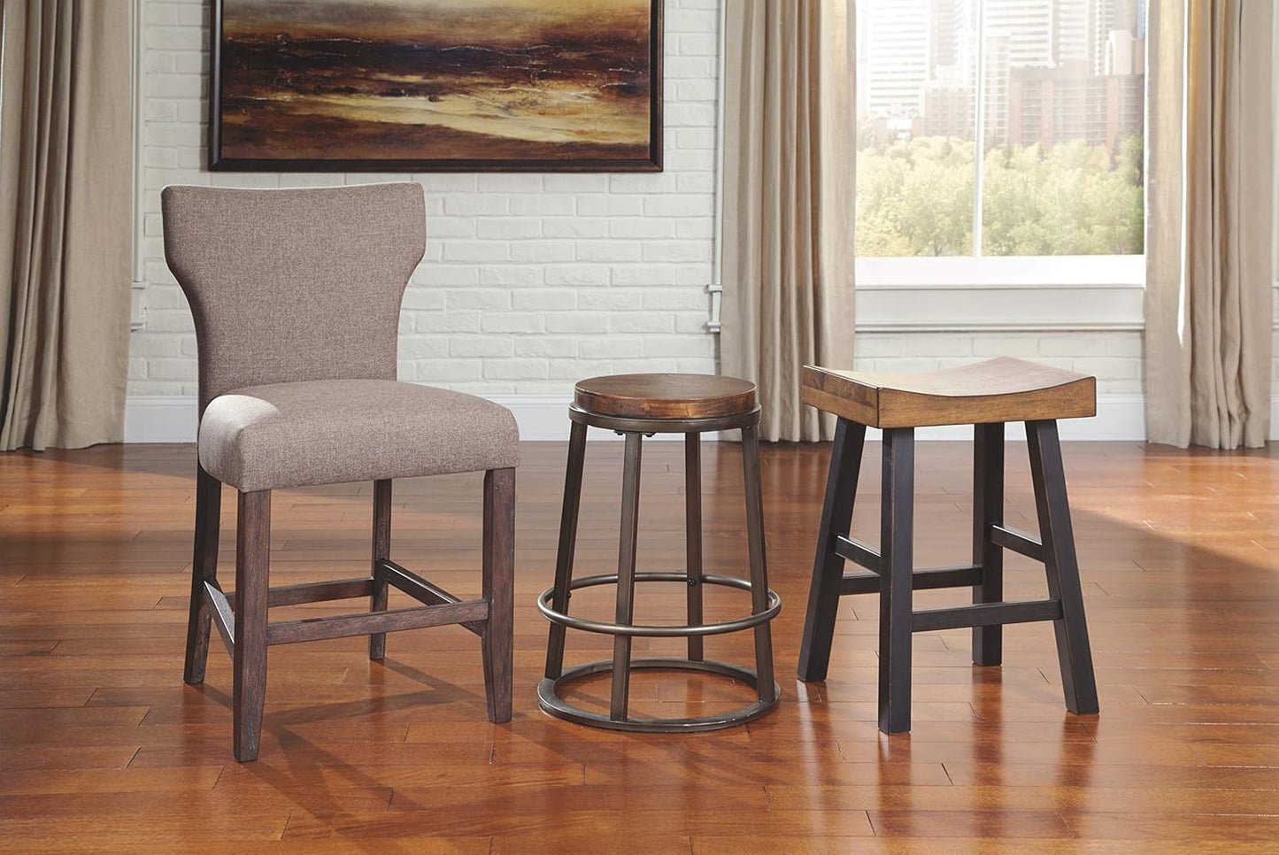 Signature Design by Ashley Glosco Farmhouse 25.5" Counter Height Saddle Barstool, Set of 2, Two-Tone Brown