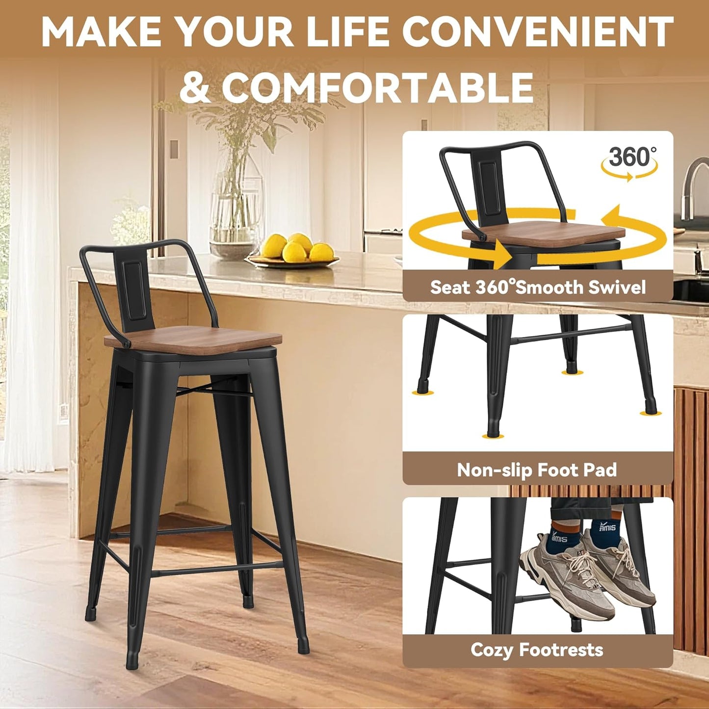 30 Inch Swivel Bar Stools Set of 4 with Backs Counter Height Industrial Metal Barstools Island Bar Chairs for Home Kitchen Dining Room (Swivel 30 inch,Matte Black Wooden)