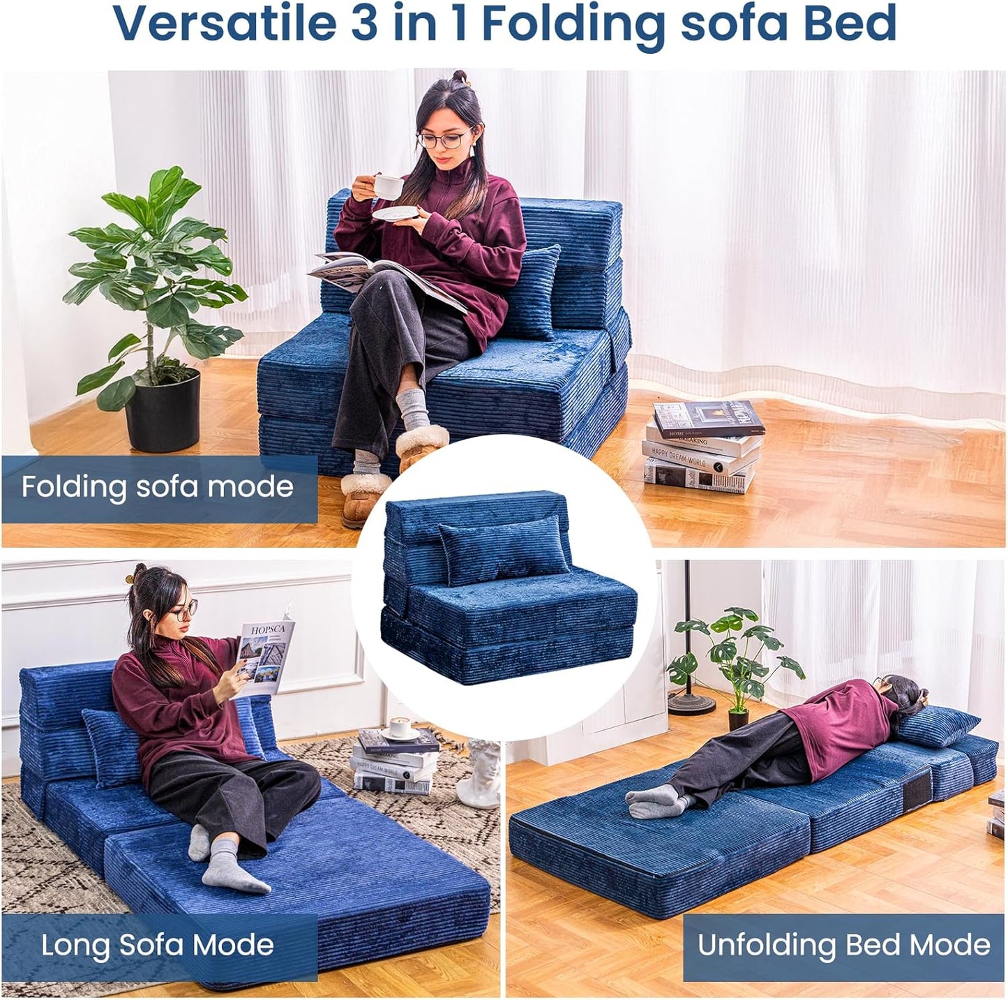Folding Sofa Bed, Convertible Sleeper Chair with Pillow, High Density Memory Foam Fold Out Couch, Foldable Mattress Futon Sofa for Living Room/Dorm/Guest Use/Apartment/Home Office