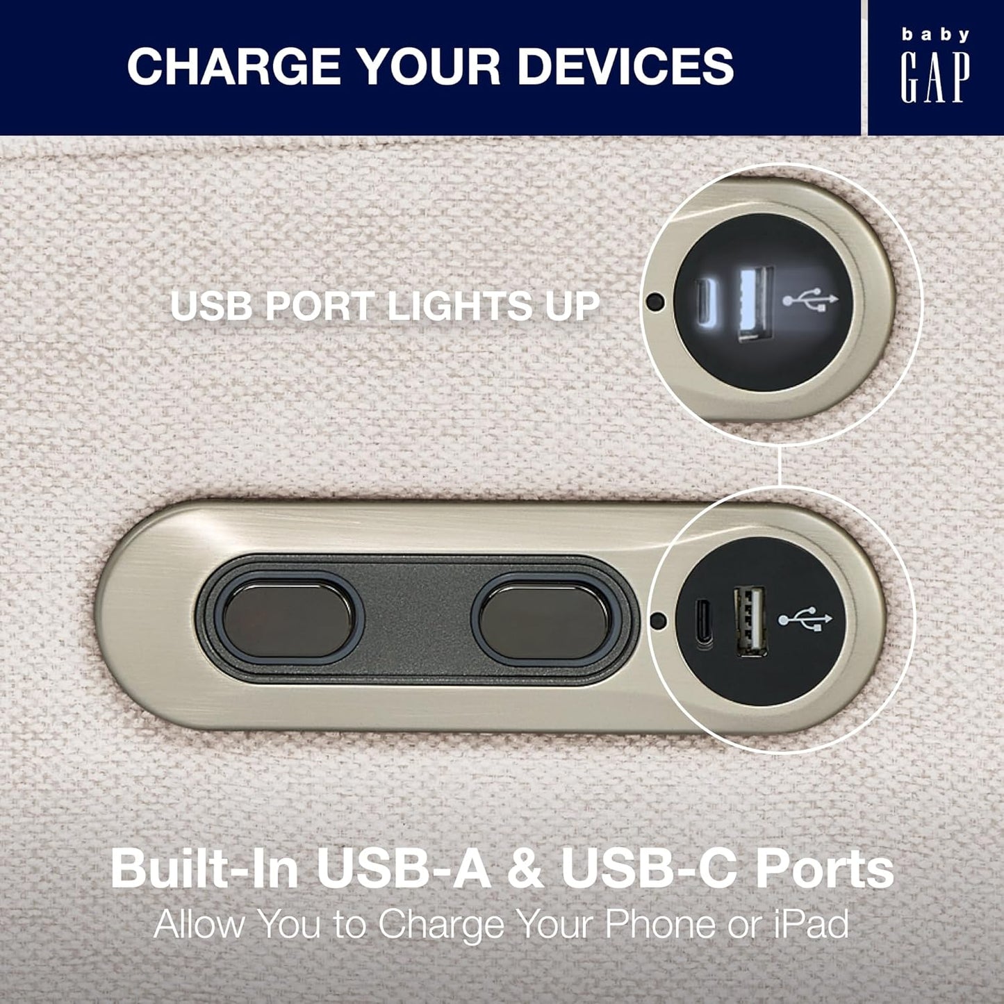Delta Children babyGap Harlowe Power Recliner with USB-A and Type-C Ports Greenguard Gold Certified – Stain-Resistant Performance Fabric is Oeko-TEX Standard 100 Certified, Sand