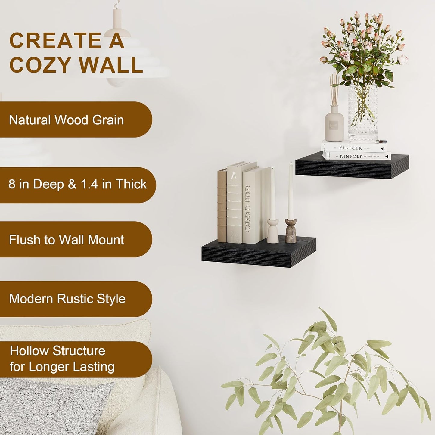 Fun Memories Black Floating Shelves 8 Inch Long, 8" Deep Wall Shelves, Small Deep Floating Shelf Square Wall Shelf, Rustic Display Shelves for Living Room, Bathroom, Kitchen, Set of 2