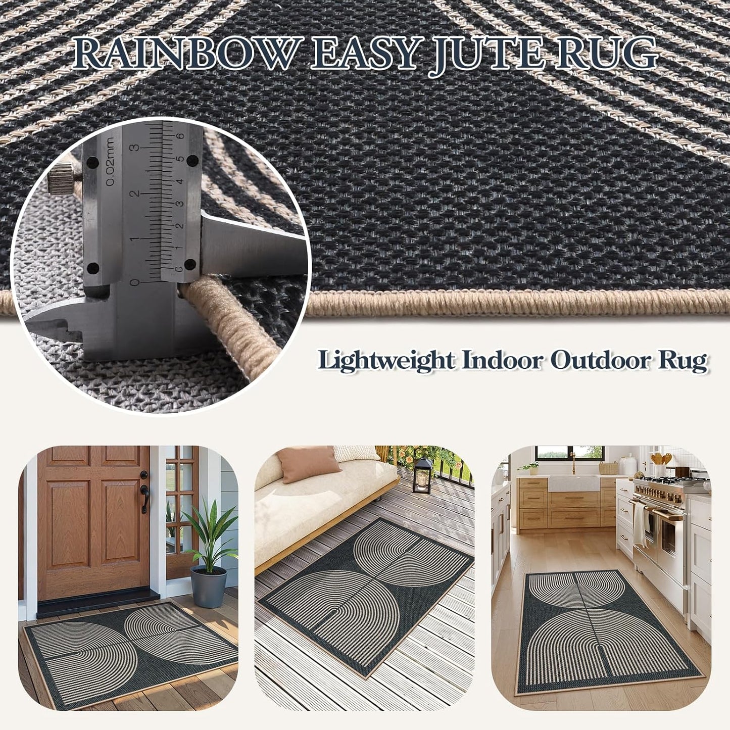 Lahome Rainbow Easy Jute Rug, 32"x48" Door Mat Black Indoor Outdoor Neutral Entryway Rug, Farmhouse Non Slip Non Shedding Lightweight Kitchen Mats for Floor Entrance