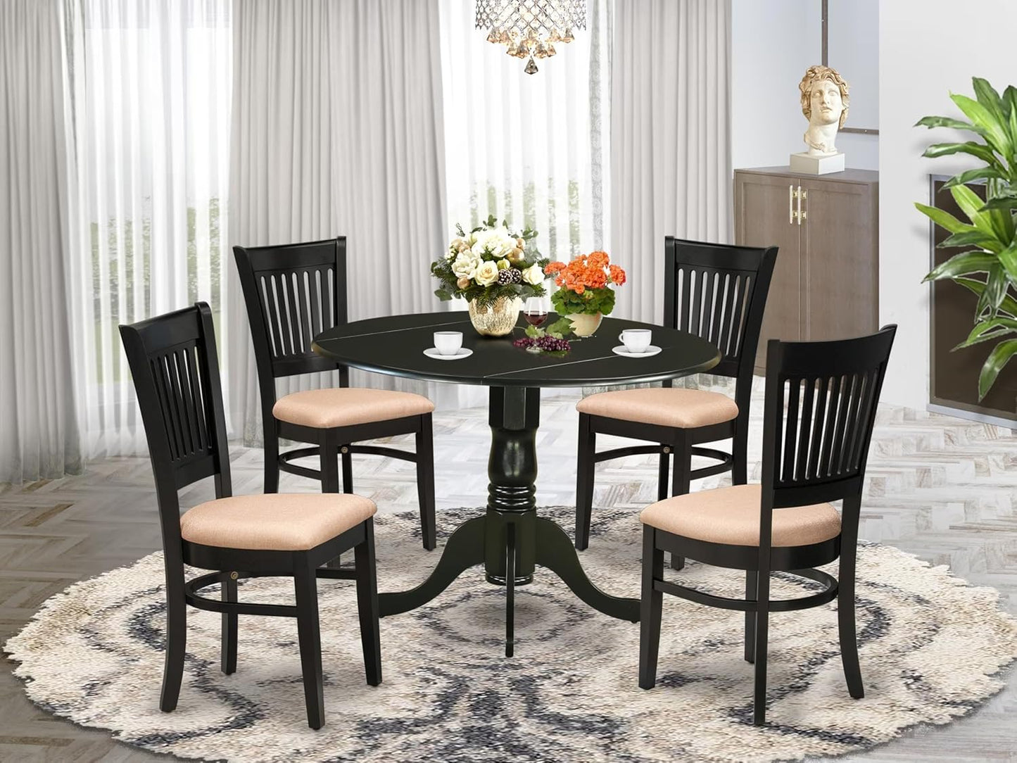 East West Furniture DLVA5-BLK-C 5 Piece Dining Table Set for 4 Includes a Round Kitchen Table with Dropleaf and 4 Linen Fabric Upholstered Dinette Chairs, 42x42 Inch, Black