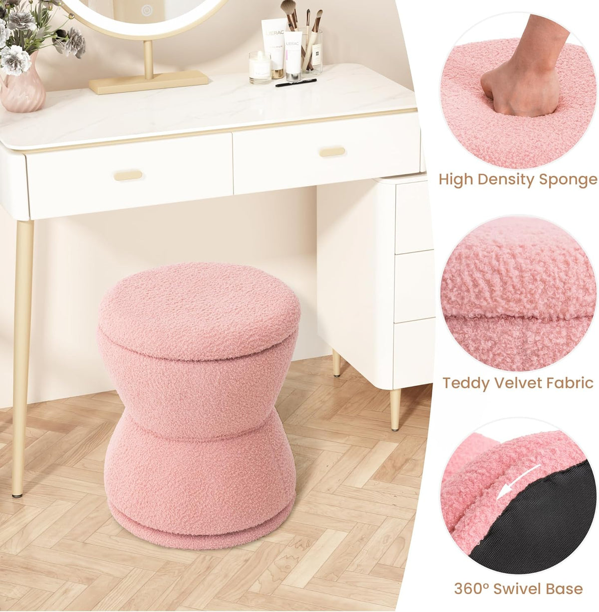 Round Ottoman with Storage, 360° Swivel Boucle Ottoman Vanity Stool, Upholstered Footstool with Storage Removable Lid, Modern Footrest Coffee Table for Living Room, Dorm, Makeup Room, Pink