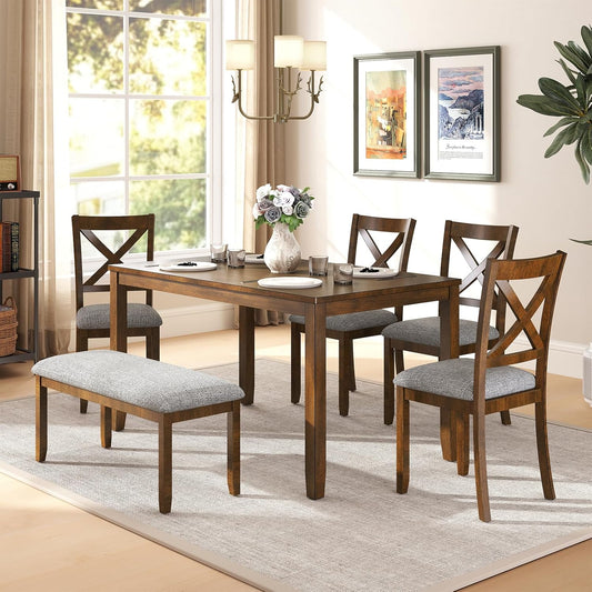 6-Piece Solid Wood Dining Table Set, Including 1 Dining Table, 4 Upholstered Chairs and 1 Bench, Wooden Dining Table Set for Kitchen, Dining Room, Walnut