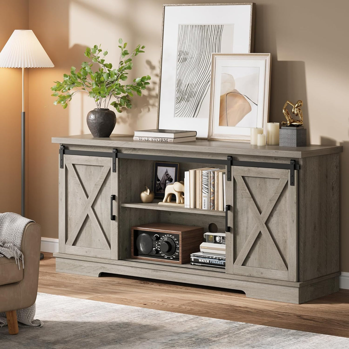 IDEALHOUSE Farmhouse Tv Stand for 65 Inches TVs, Entertainment Center with Storage and Sliding Barn Doors, Adjustable Shelf Modern Media TV Console TV Stand Table for Living Room, Bedroom, Grey