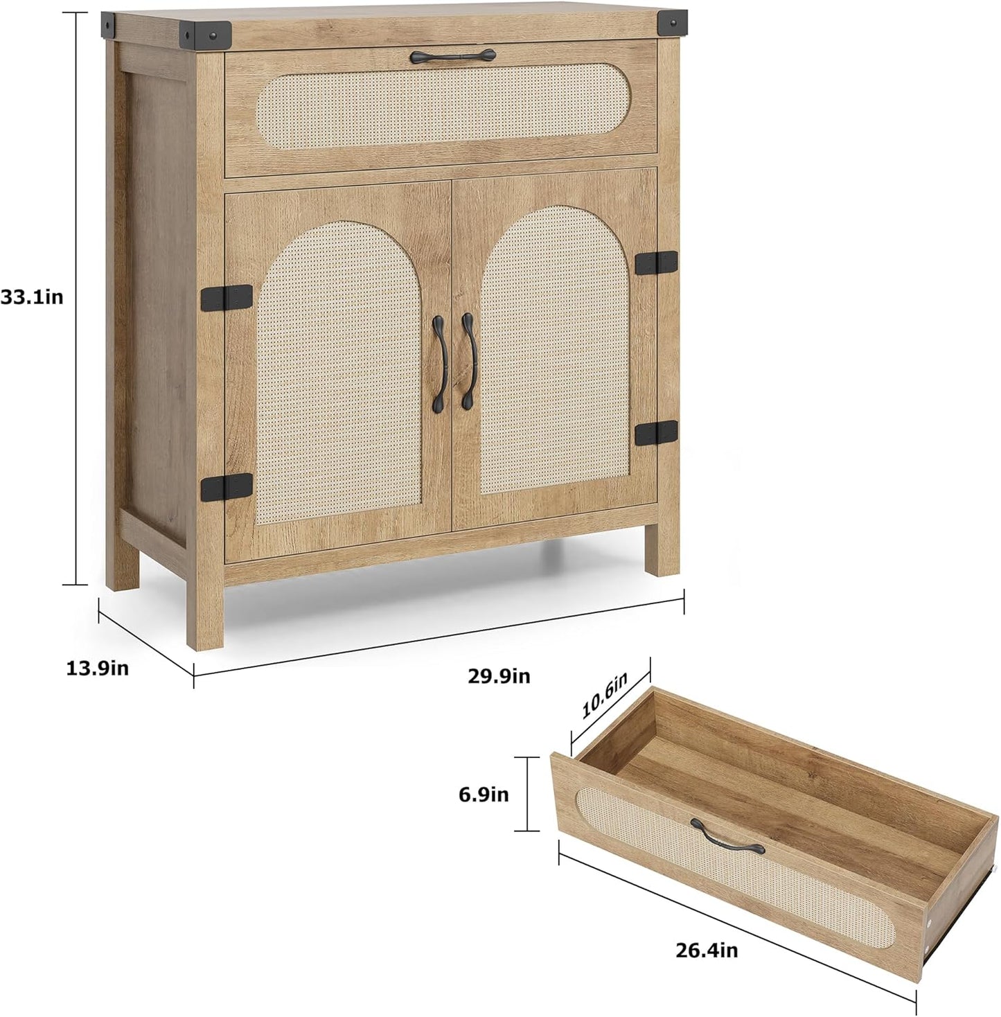 IDEALHOUSE Rattan Cabinet with Drawer, Sideboard with Synthetic Rattan-Accent Doors, Adjustable Shelves, Buffet Cabinet for Living Room Dining Room, Natural