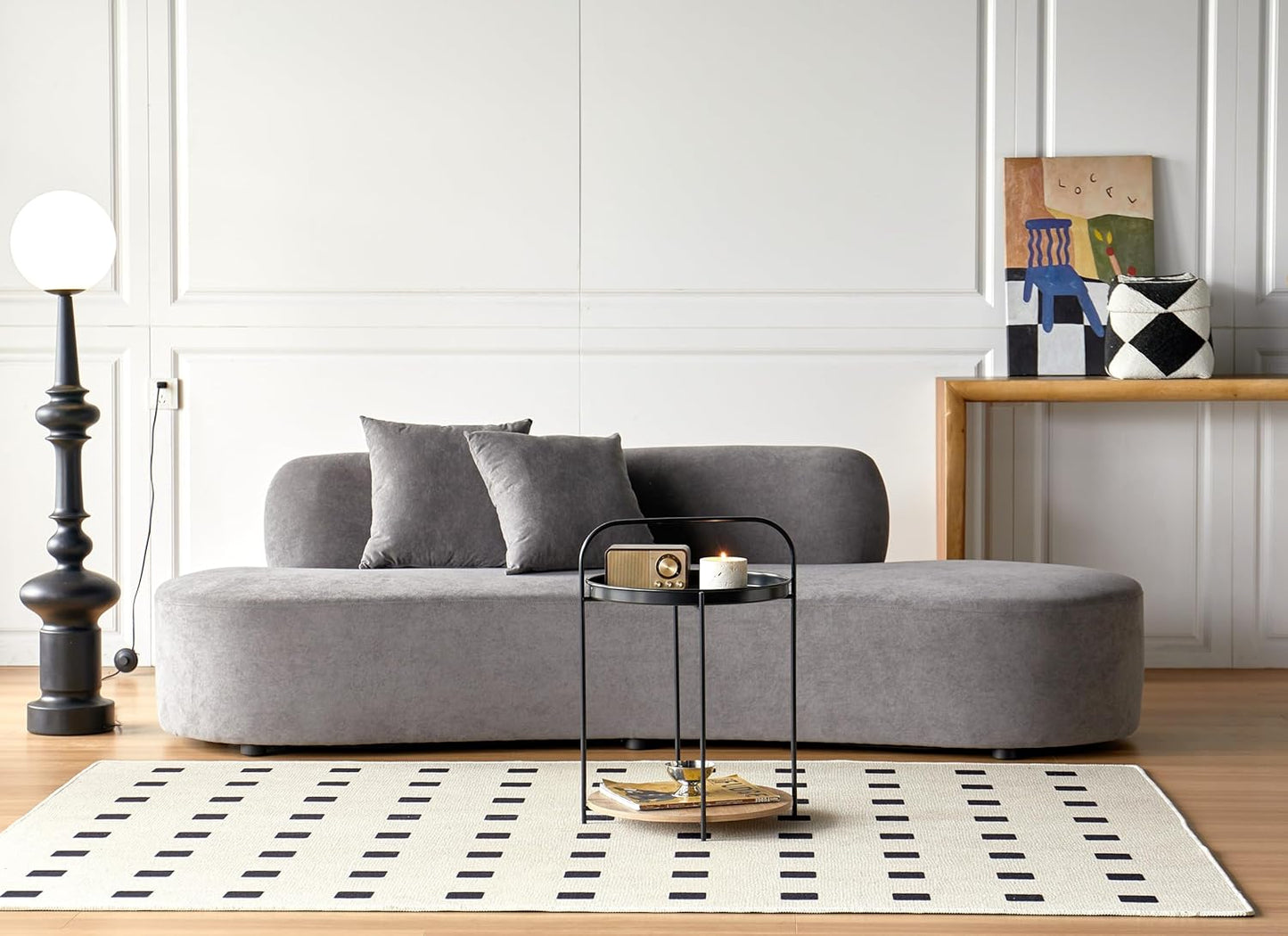 Container Furniture Direct 90" Curved Sofa with Throw Pillows, 4 Seater Luxury Velvet Couch with Half Moon Design and High-Density Foam, Ideal for Modern Living Room, Office & Apartment, Grey