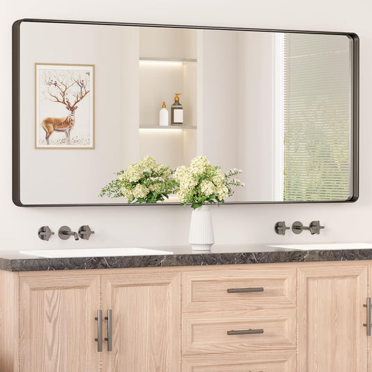 Keonjinn Black Bathroom Mirror for Over Sink, 60” x 28” Large Rounded Rectangle Bathroom Vanity Mirror, Matte Black Modern Decorative Framed Mirror, Anti-Rust, HD Tempered Glass(Horizontal/Vertical)