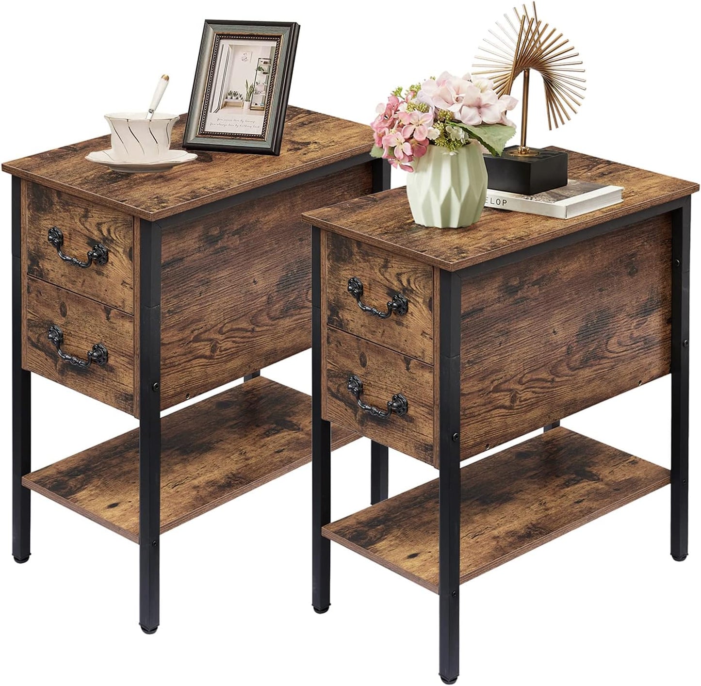 VECELO End Tables,Narrow Nightstand with Drawers and Storage Shelf,Modern Night Stand for Small Spaces, Living Room,Bedroom