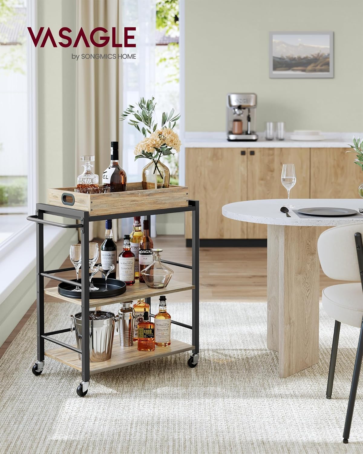 VASAGLE Kitchen Serving Cart with Removable Tray, 3-Tier Kitchen Utility Cart on Wheels with Storage, with Brakes, Leveling Feet, 15.7 x 28.3 x 33.9 Inches, Turquoise Brown and Ink Black ULRC072K60