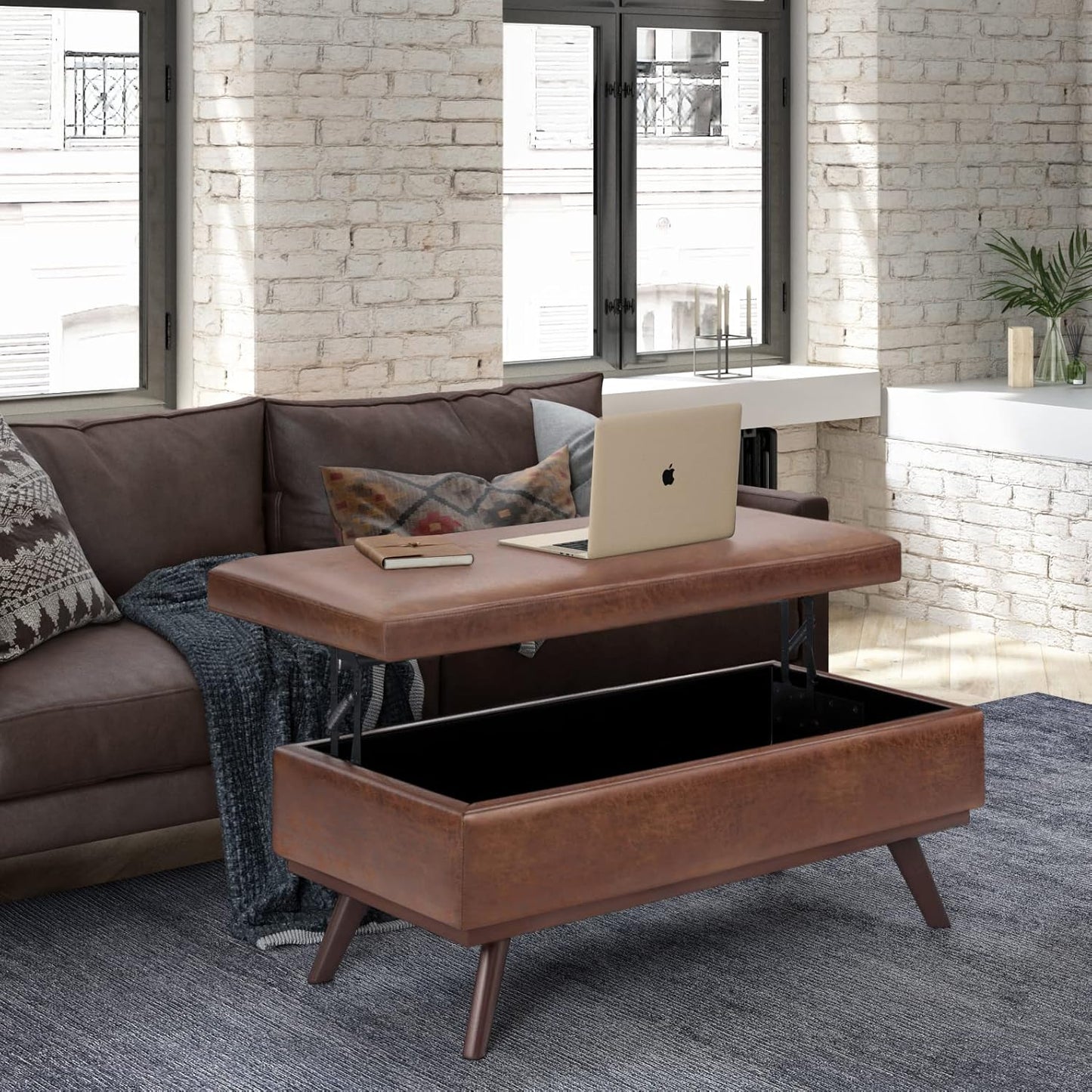 SIMPLIHOME Owen 42 inch Wide Mid Century Modern Rectangle Lift Top Large Coffee Table Storage Ottoman in Distressed Saddle Brown Vegan Faux Leather, Assembled, for the Living Room and Entryway