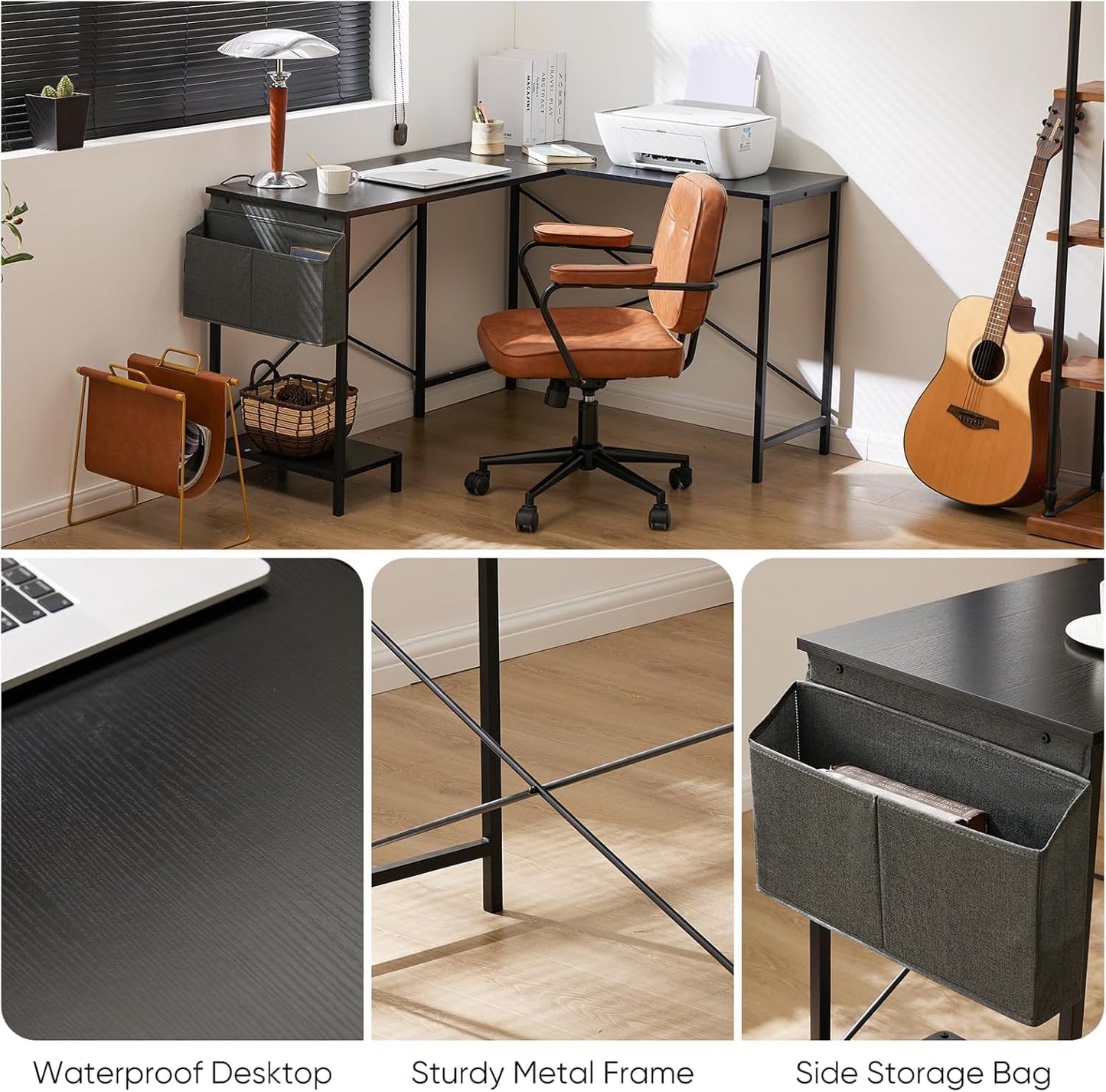 Whitmor L Shaped Gaming Desk - 50 Inch Reversible Corner Computer Desk with Wood Top, Metal Frame, CPU Stand & Side Bag, Home Office Dorm Sturdy Writing Workstation, Black