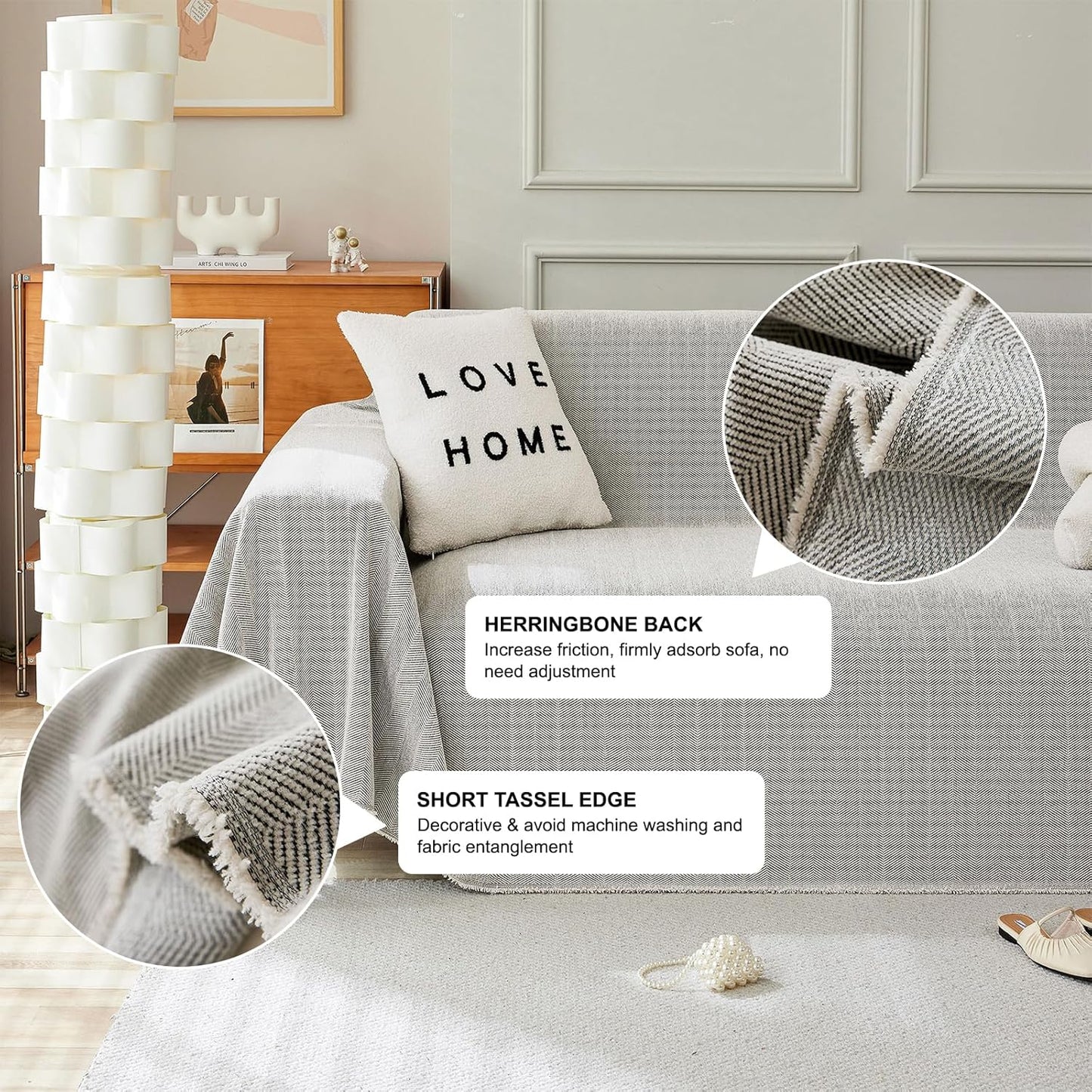 STACYPIK Silver Gray Sofa Cover for Dogs, Herringbone Couch Cover for Sectional, Pets Protector for 3 Cushion Couch, Washable Anti-Slip Loveseat Cushion Cover with Tassel, Multi-Use Blankets-71X134IN