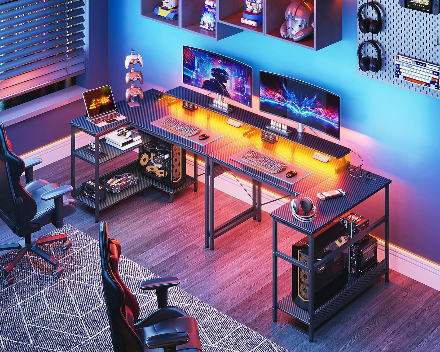 ODK 40 Inch Gaming Desk with USB Power Outlets and LED Lights, Reversible L Shaped Computer Desk with Storage Shelves & Monitor Stand, Corner Home Office Desk Table, Carbon Fiber Surface, Black