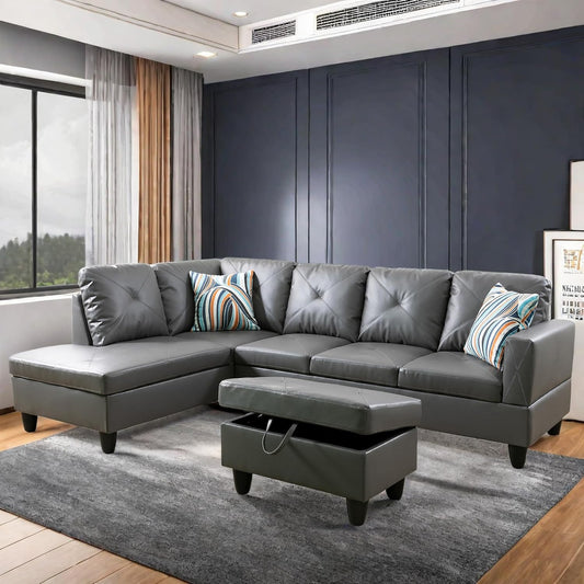 L Shaped Sectional Sofa with Ottoman, Leather Right Facing Modern Couches for Living Room, Bedroom, Office