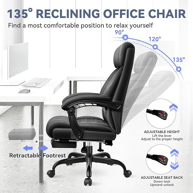 Office Chair, Big and Tall Office Desk Chair, Reclining Office Chair with Footrest Home Office Desk Chairs, High Back Ergonomic with Lumbar Support, Executive Leather