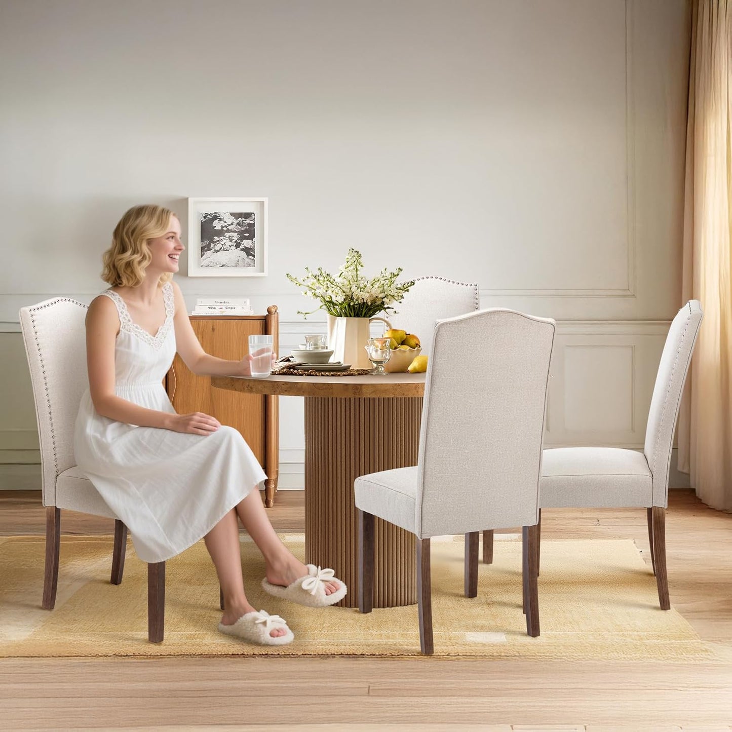 Stylish Upholstered Parsons Dining Chair Kitchen with Silver Nailhead Trim and Sturdy Solid Wood Legs