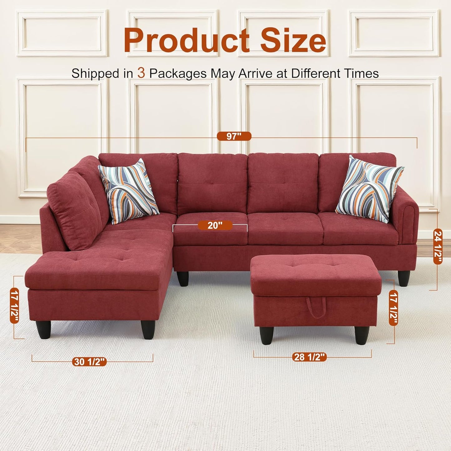 Osparple L Shaped Couch Sectional Couches for Living Room Upholstered Fluffy Fabric 3 Pieces Modular Sectional Sofa with Chaise, Ottoman with Storage for Living Room and Small Apartment, Red